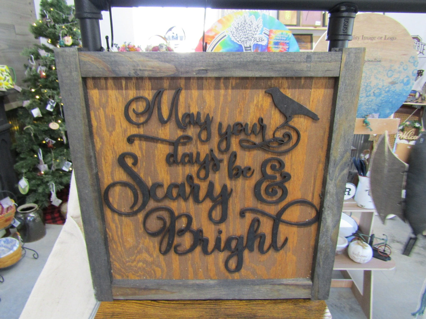Wooden Handmade Halloween Decor Crow Scary And Bright May your Days Spooky Fall Autum 3D Scroll Cursive Wall Art Haunted Cute