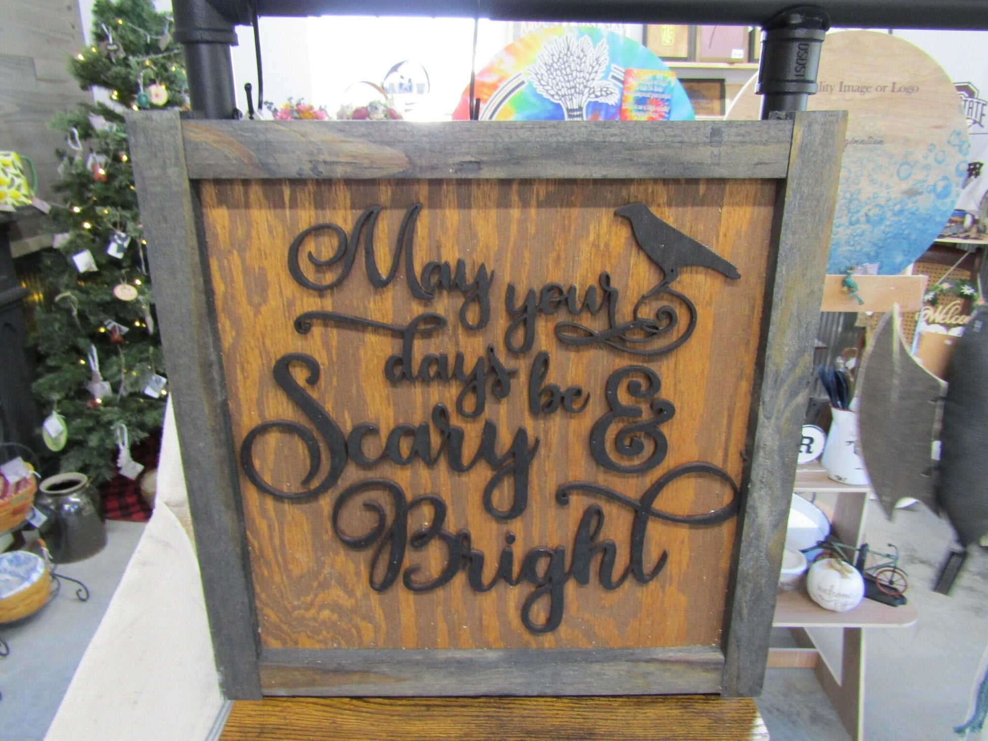 Wooden Handmade Halloween Decor Crow Scary And Bright May your Days Spooky Fall Autum 3D Scroll Cursive Wall Art Haunted Cute