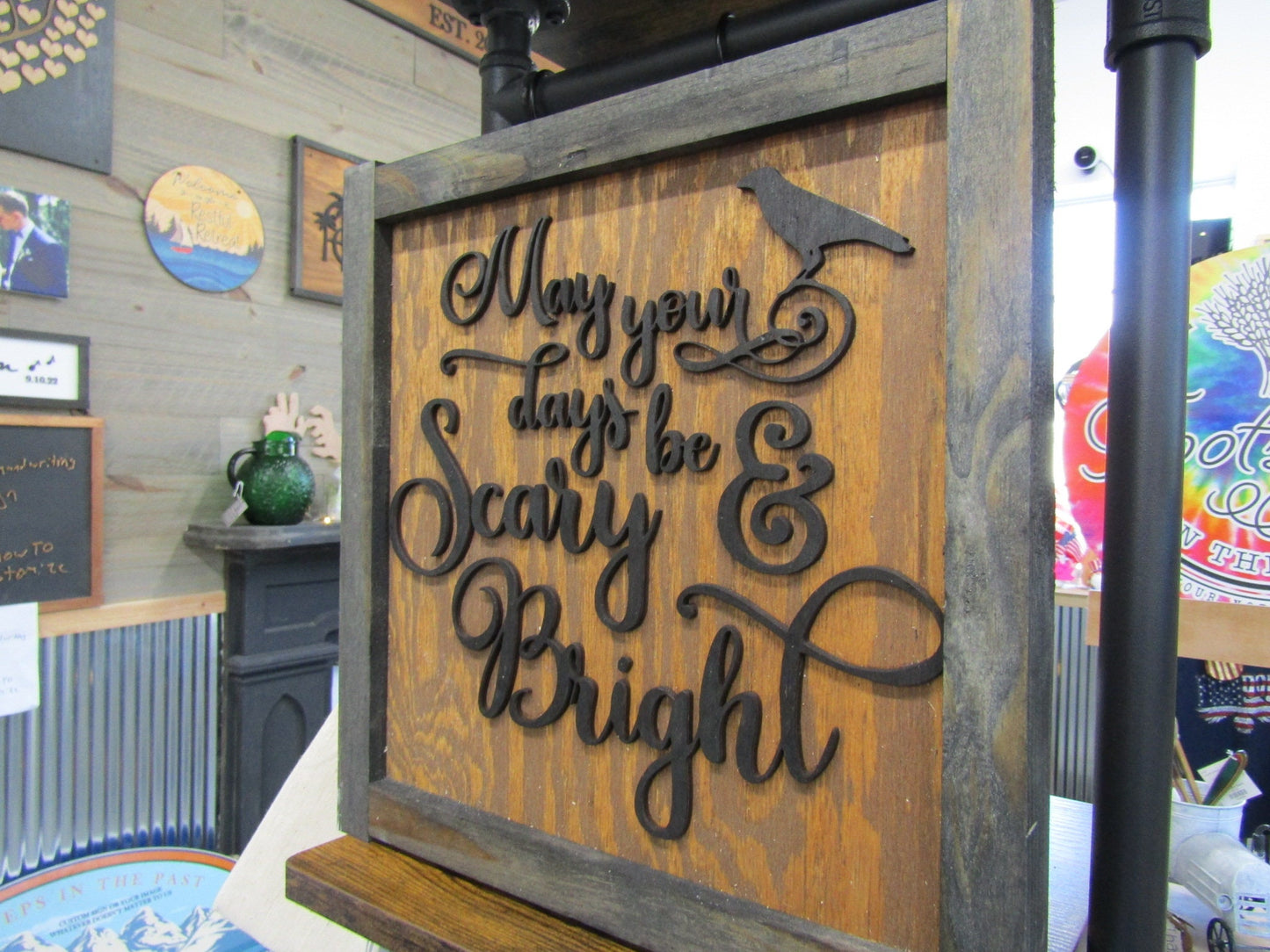 Wooden Handmade Halloween Decor Crow Scary And Bright May your Days Spooky Fall Autum 3D Scroll Cursive Wall Art Haunted Cute