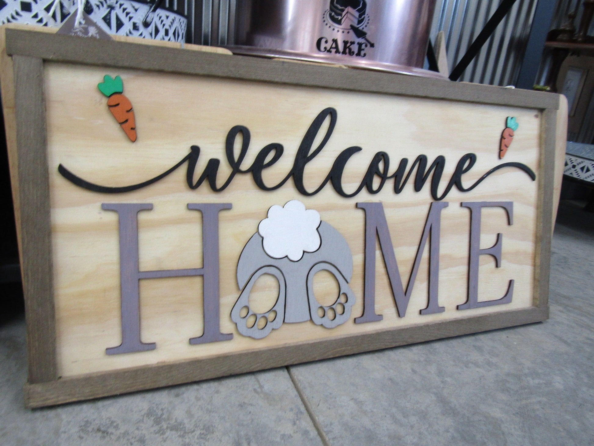 Easter Spring Welcome Home Bunny Butt Rabbit Feet Carrots Cute Decor Welcome Sign Greeting Farm Furry Friend Handmade 3D Wood Sign
