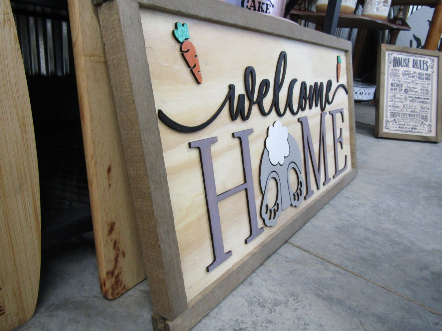 Easter Spring Welcome Home Bunny Butt Rabbit Feet Carrots Cute Decor Welcome Sign Greeting Farm Furry Friend Handmade 3D Wood Sign