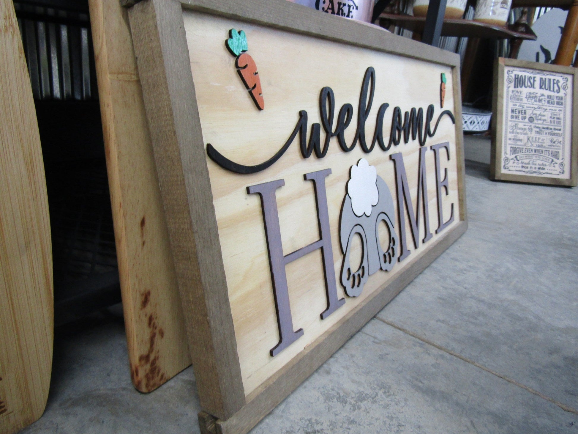 Easter Spring Welcome Home Bunny Butt Rabbit Feet Carrots Cute Decor Welcome Sign Greeting Farm Furry Friend Handmade 3D Wood Sign