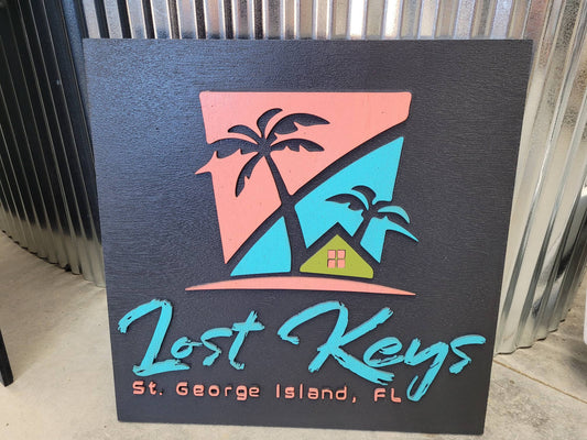 Custom Sign Beach Keys Palm Trees Retro Square Business Commerical Signage 3D Made to Order Co Store Front Small Shop Logo Wooden Handmade