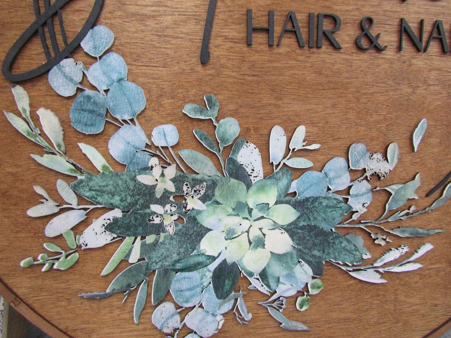 Custom Wooden Sign Salon Commerical Signage Entrance Sign Your Logo Personalized Hanging Sign Raised Letters Round Printed Image Floral