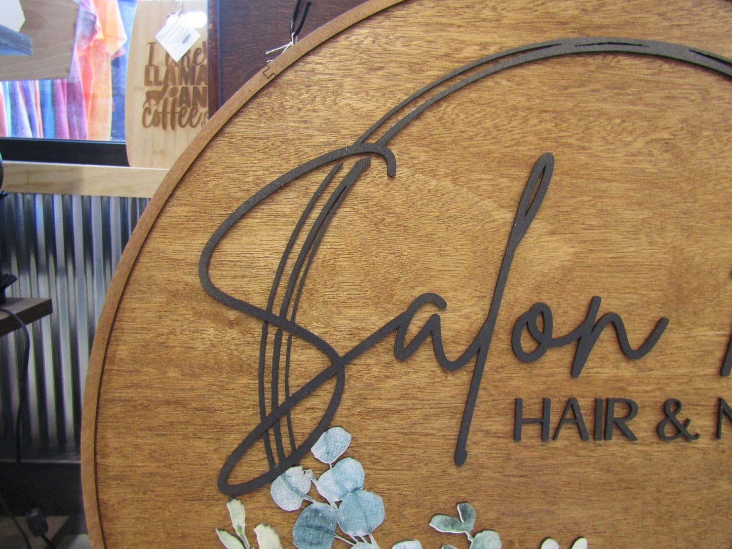 Custom Wooden Sign Salon Commerical Signage Entrance Sign Your Logo Personalized Hanging Sign Raised Letters Round Printed Image Floral