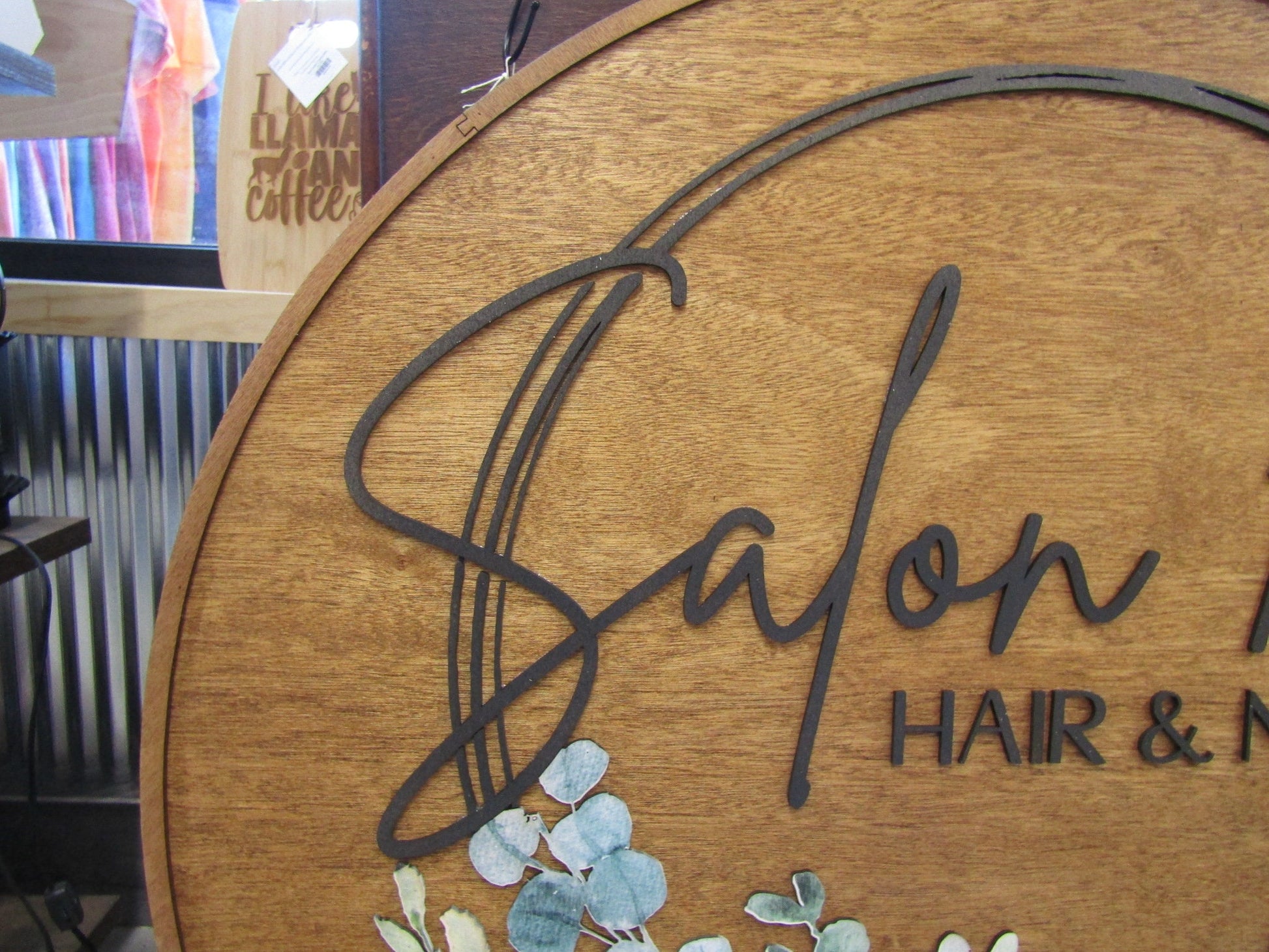 Custom Wooden Sign Salon Commerical Signage Entrance Sign Your Logo Personalized Hanging Sign Raised Letters Round Printed Image Floral