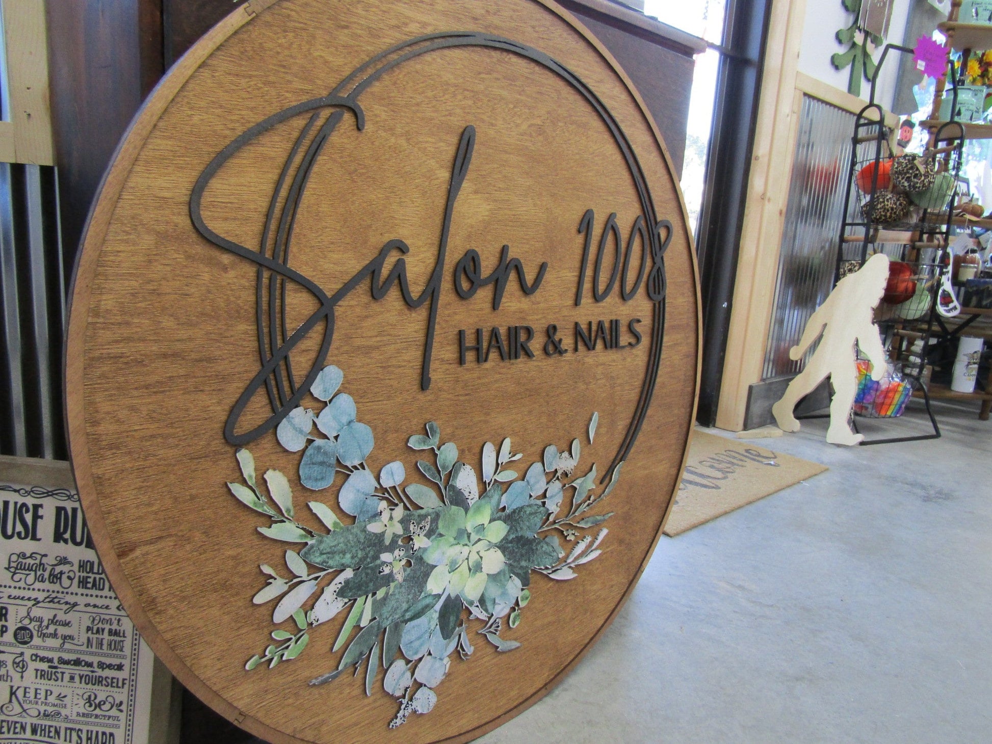 Custom Wooden Sign Salon Commerical Signage Entrance Sign Your Logo Personalized Hanging Sign Raised Letters Round Printed Image Floral