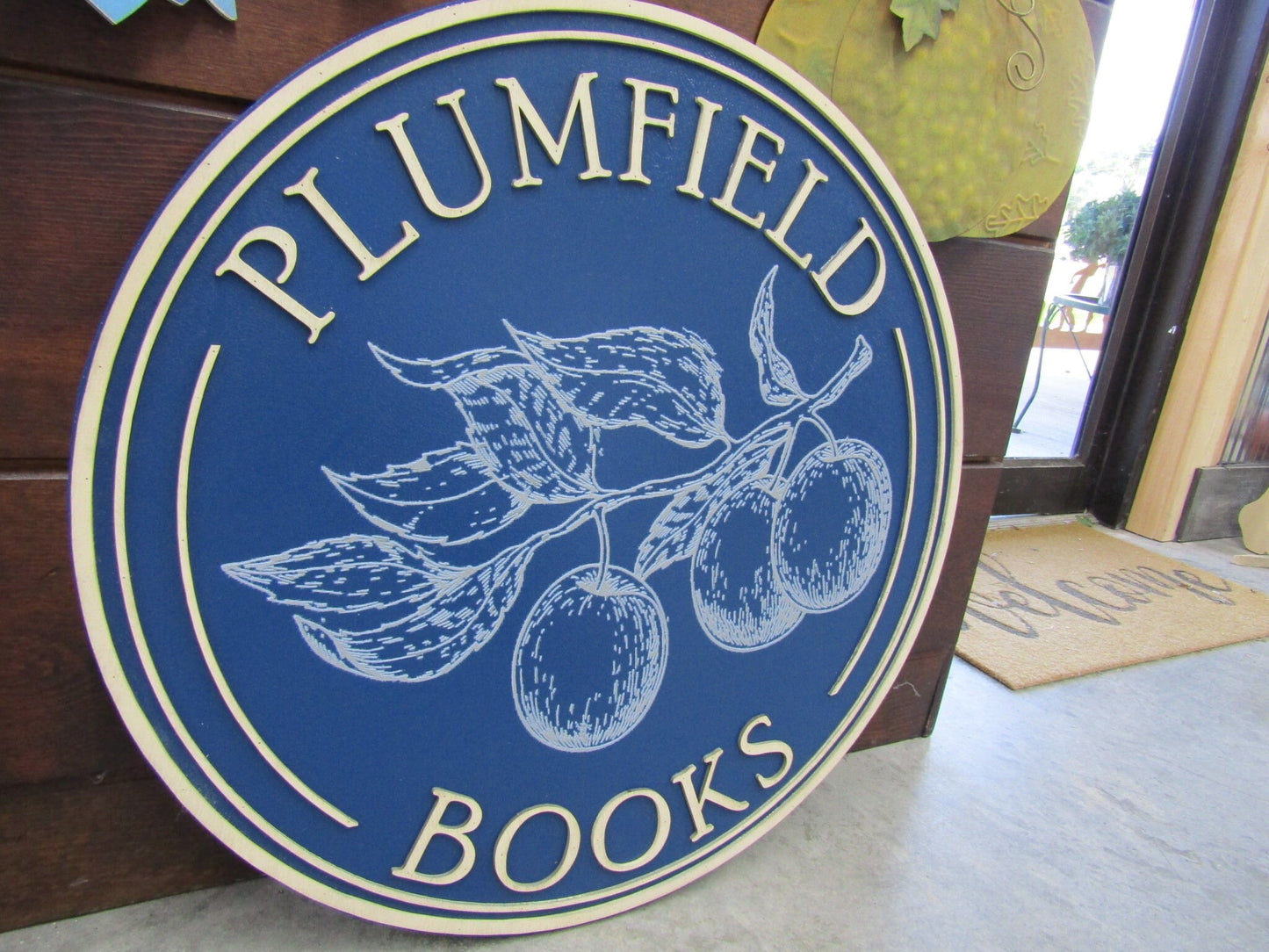 Custom Wooden Sign Plum Book Store Entrance Sign Your Logo Personalized Hanging Sign Raised Letters Round Printed Image Fruit Blue Handmade