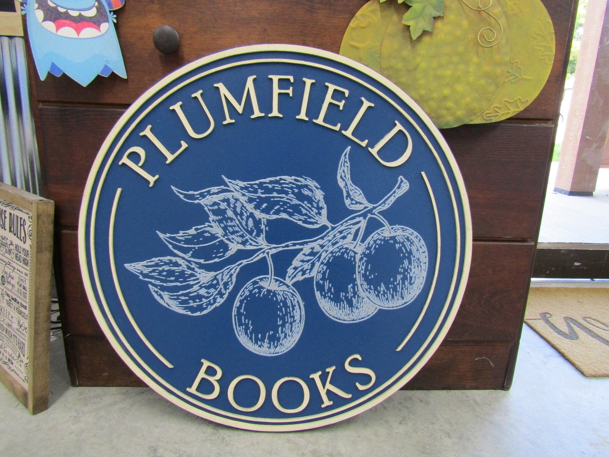 Custom Wooden Sign Plum Book Store Entrance Sign Your Logo Personalized Hanging Sign Raised Letters Round Printed Image Fruit Blue Handmade