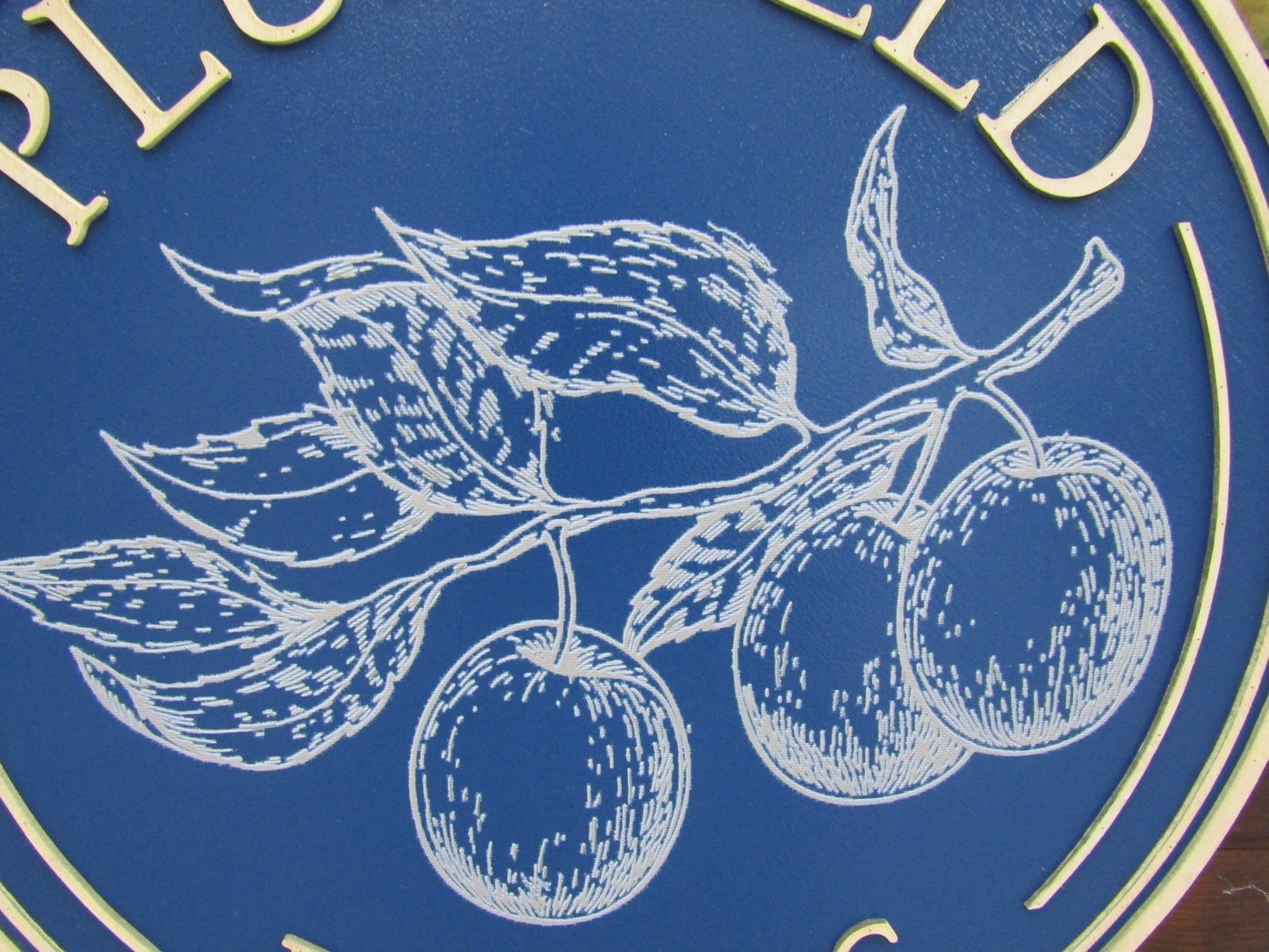 Custom Wooden Sign Plum Book Store Entrance Sign Your Logo Personalized Hanging Sign Raised Letters Round Printed Image Fruit Blue Handmade