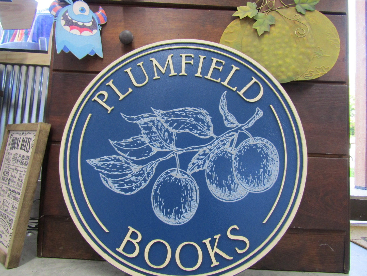 Custom Wooden Sign Plum Book Store Entrance Sign Your Logo Personalized Hanging Sign Raised Letters Round Printed Image Fruit Blue Handmade