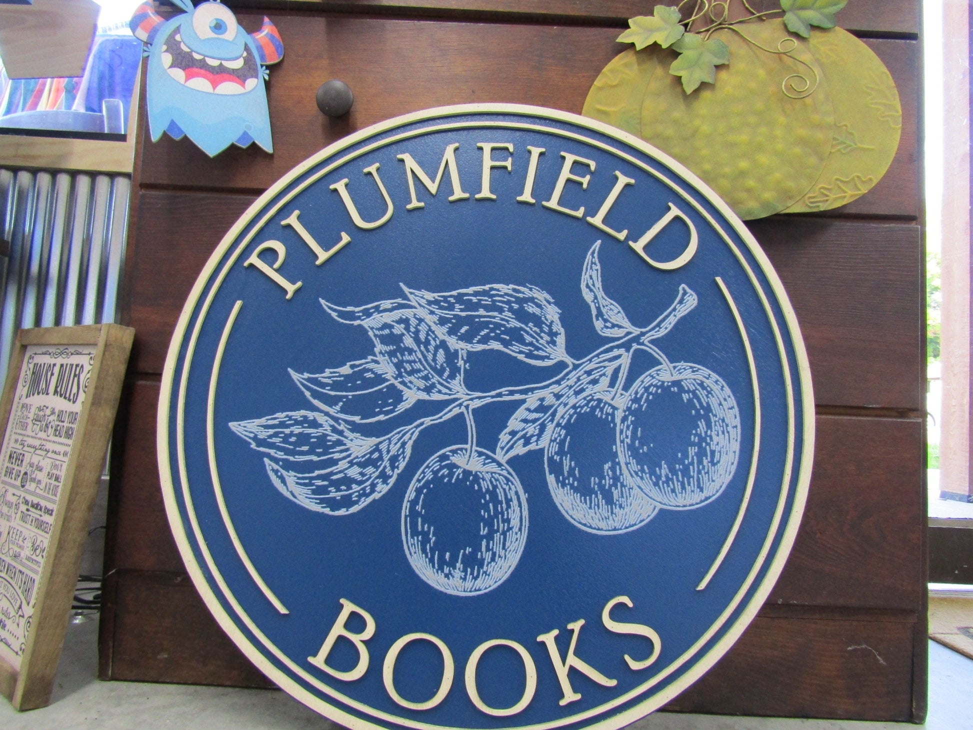 Custom Wooden Sign Plum Book Store Entrance Sign Your Logo Personalized Hanging Sign Raised Letters Round Printed Image Fruit Blue Handmade