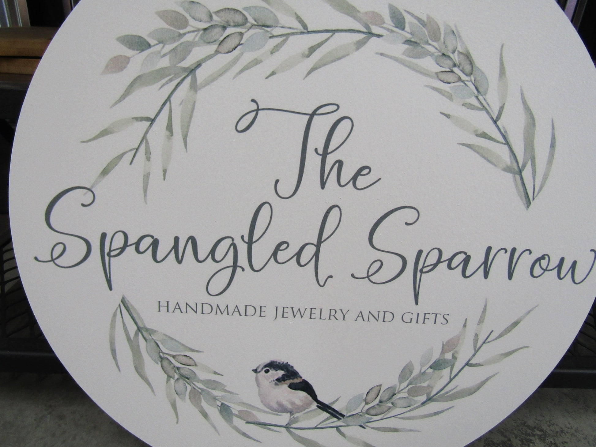 Small Business Jewelry Store Sparrow Logo Your Logo Wreath Frame Round Hanging Sign Booth Custom Personalized Wall Art Color Wood Print