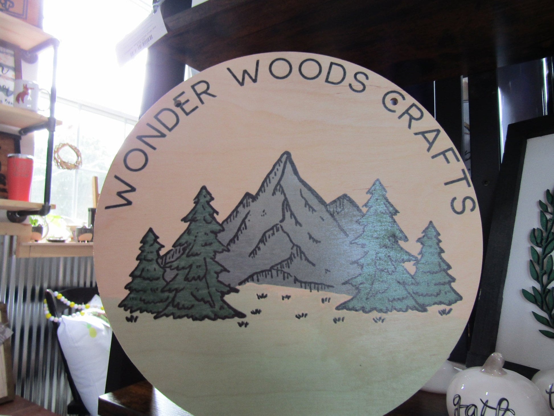 Small Business Crafts Crafter Outdoors Logo Round Hanging Sign Booth Custom Personalized Wall Art Color Wood Print Small Business Mountains