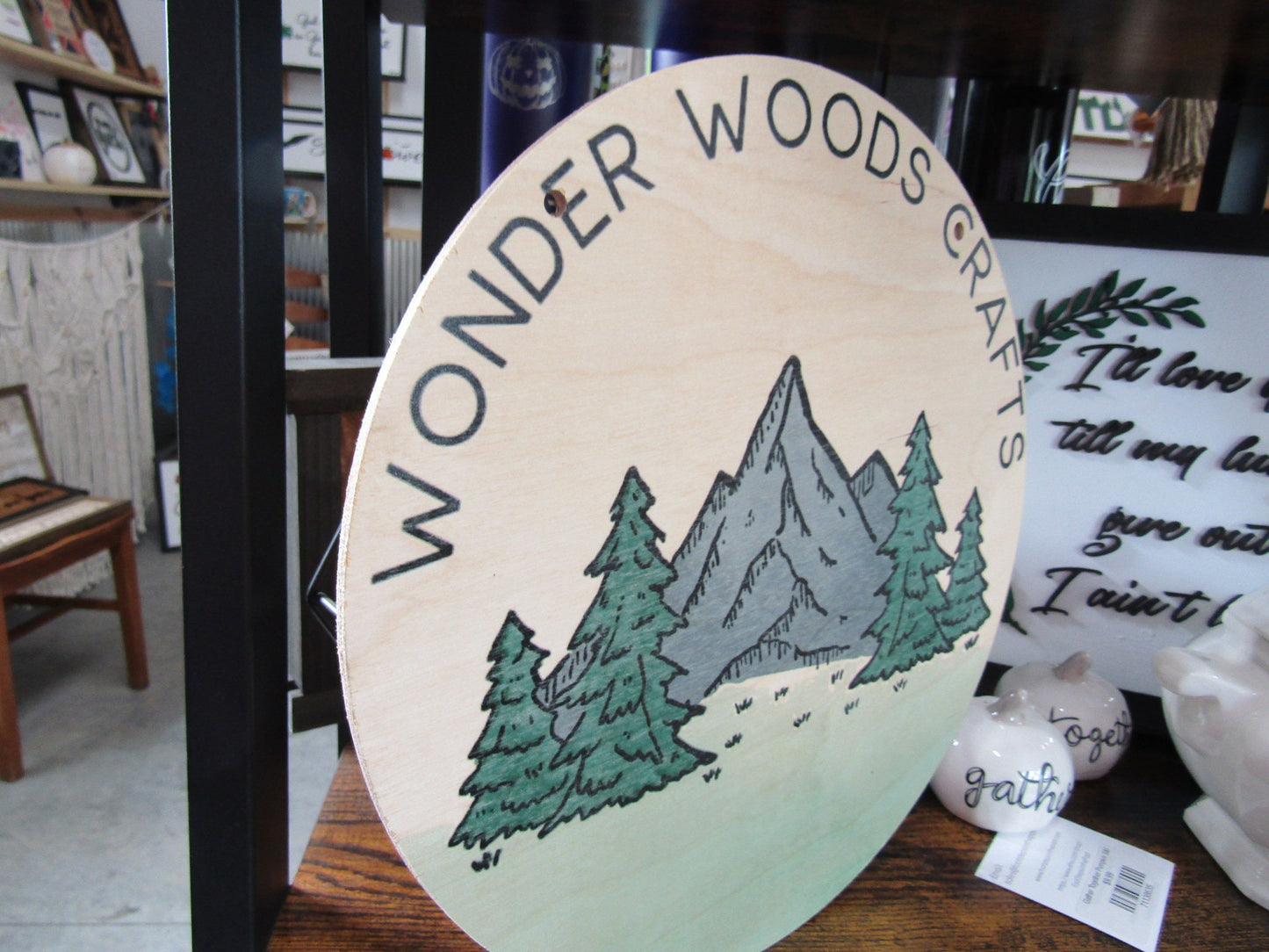 Small Business Crafts Crafter Outdoors Logo Round Hanging Sign Booth Custom Personalized Wall Art Color Wood Print Small Business Mountains
