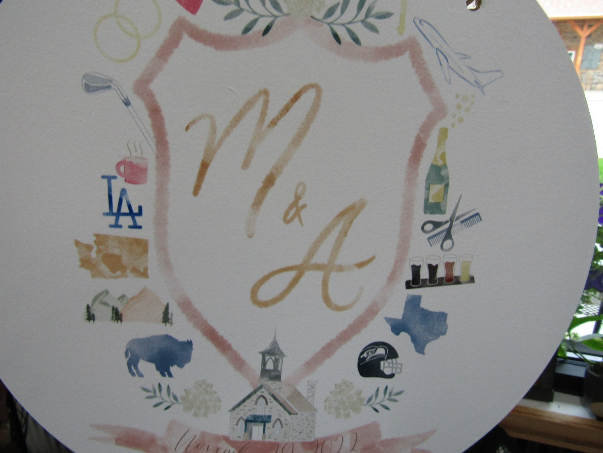 Round Cute Wedding Sign Logo Image File Church Couples Your Design About You Printed In Color on Wood Lightweight Hanging Wedding Decor