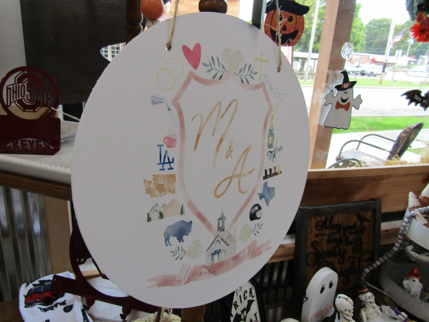 Round Cute Wedding Sign Logo Image File Church Couples Your Design About You Printed In Color on Wood Lightweight Hanging Wedding Decor