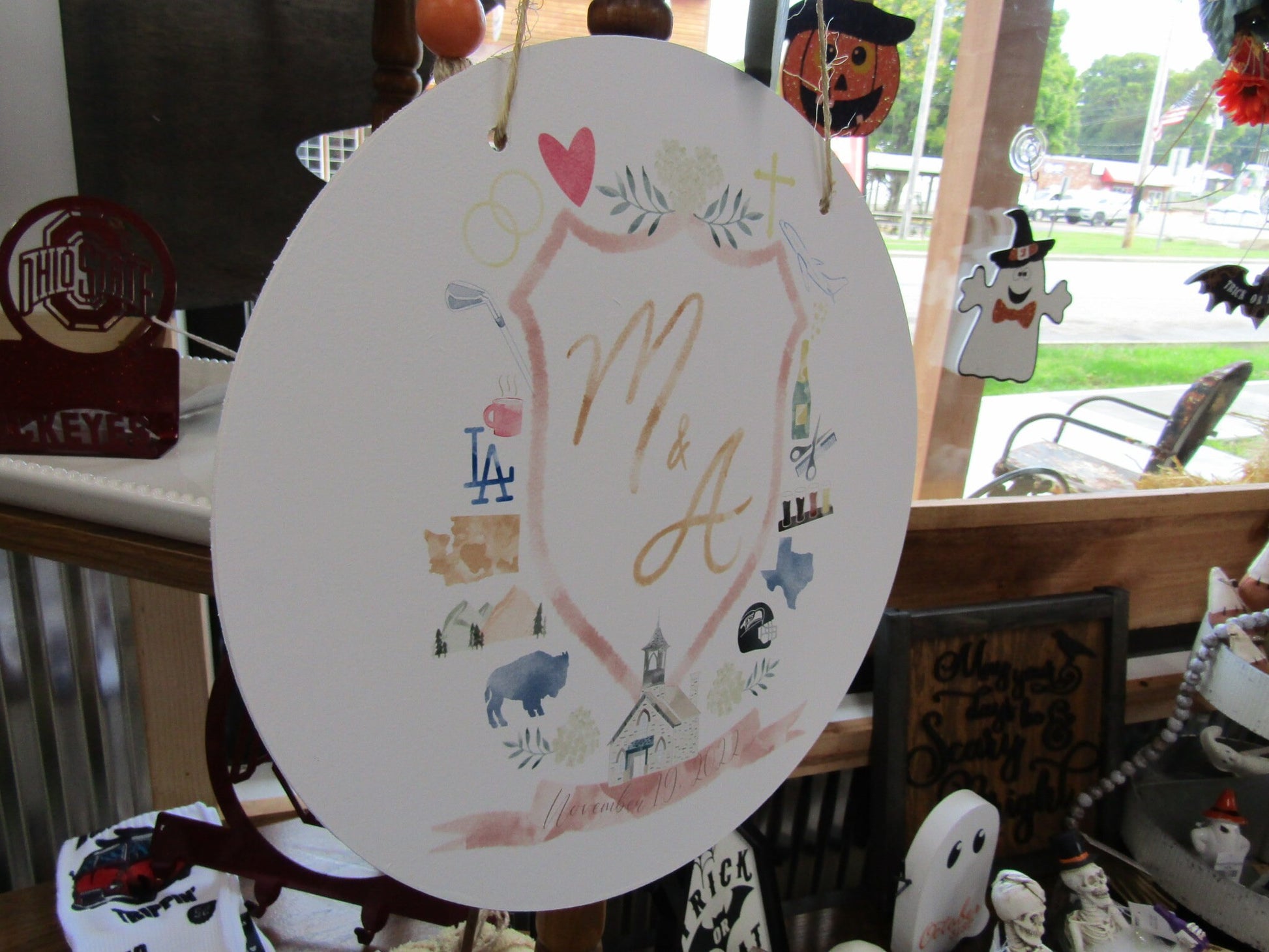 Round Cute Wedding Sign Logo Image File Church Couples Your Design About You Printed In Color on Wood Lightweight Hanging Wedding Decor