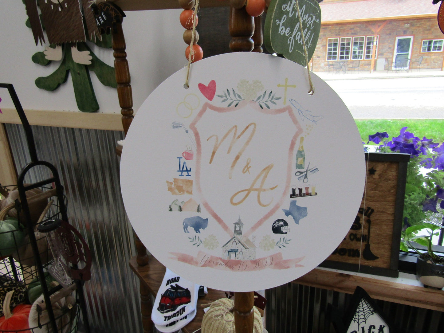 Round Cute Wedding Sign Logo Image File Church Couples Your Design About You Printed In Color on Wood Lightweight Hanging Wedding Decor