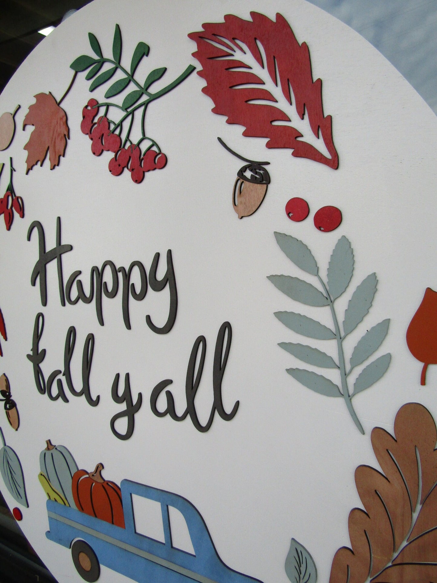 Hello Fall Little Blue Truck Pumpkin Leaves Autumn Handmade Decor Color Cute Door Sign Wooden Circle Round Sign Multiple Sizes Acorns Rustic