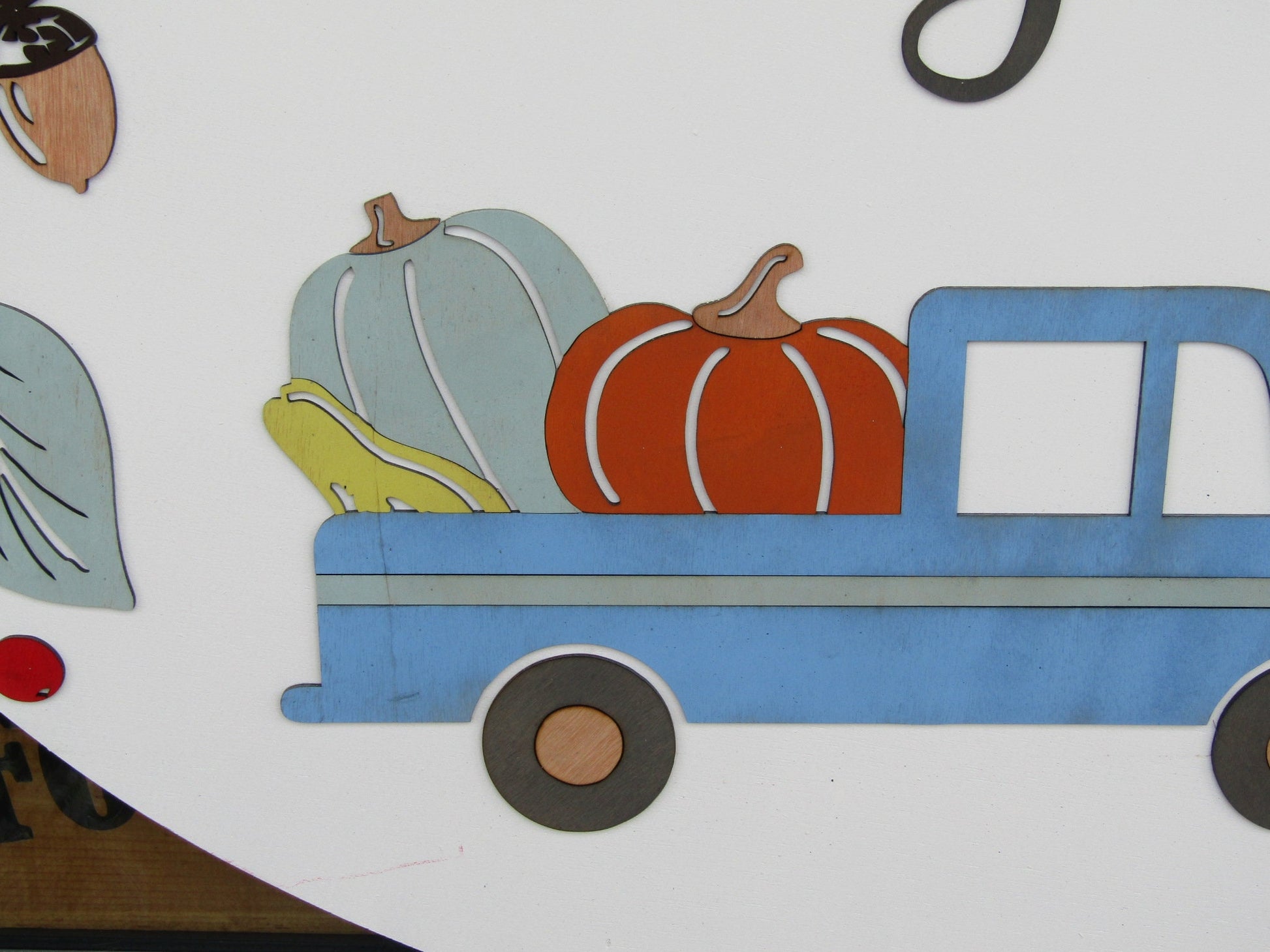 Hello Fall Little Blue Truck Pumpkin Leaves Autumn Handmade Decor Color Cute Door Sign Wooden Circle Round Sign Multiple Sizes Acorns Rustic