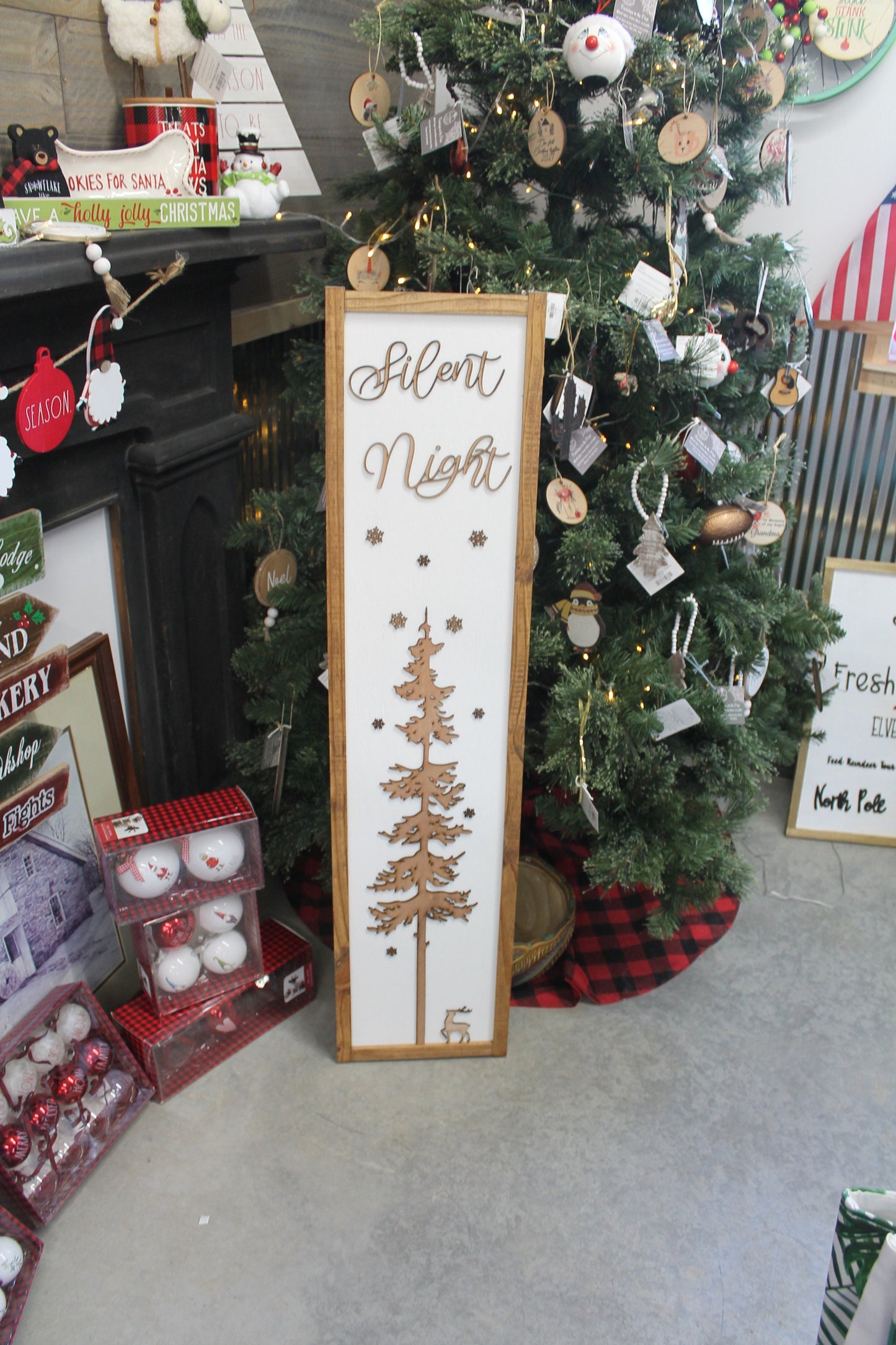 Silent Night Winter Pine Snowflakes Reindeer Porch Leaner Fireplace Living Dining Room Shabby Cottage Chic Farmhouse Rustic White Natural