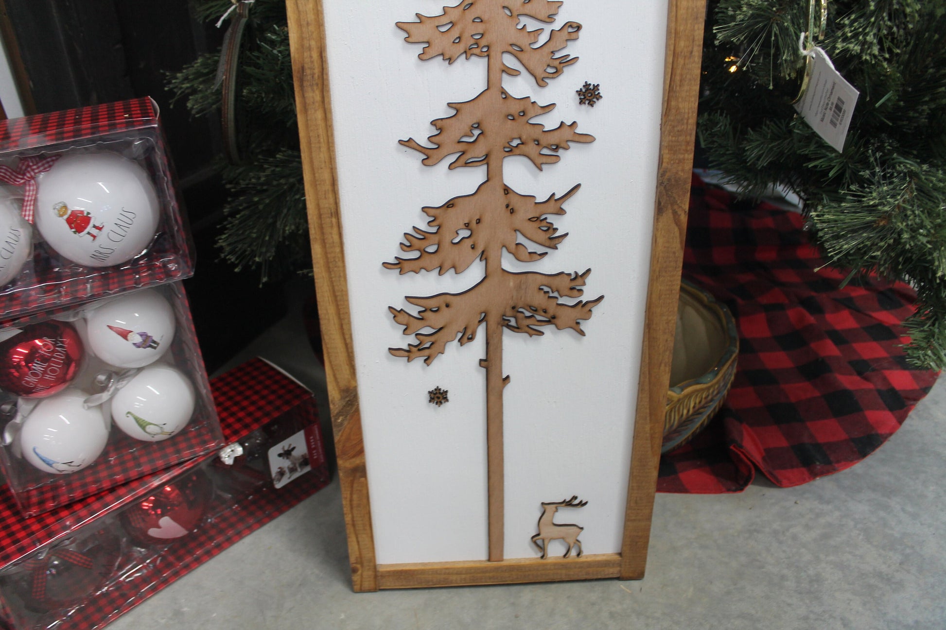 Silent Night Winter Pine Snowflakes Reindeer Porch Leaner Fireplace Living Dining Room Shabby Cottage Chic Farmhouse Rustic White Natural