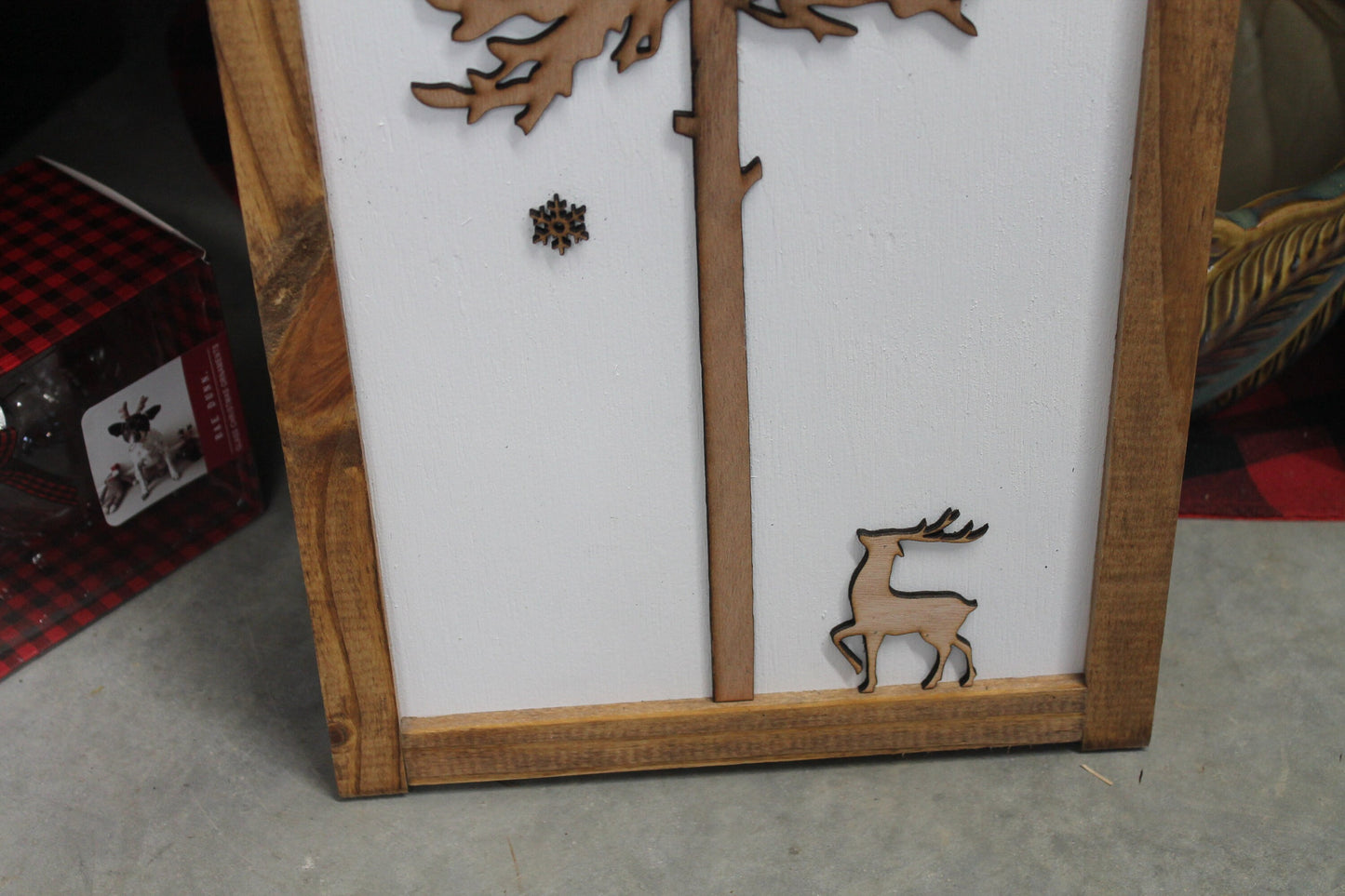 Silent Night Winter Pine Snowflakes Reindeer Porch Leaner Fireplace Living Dining Room Shabby Cottage Chic Farmhouse Rustic White Natural