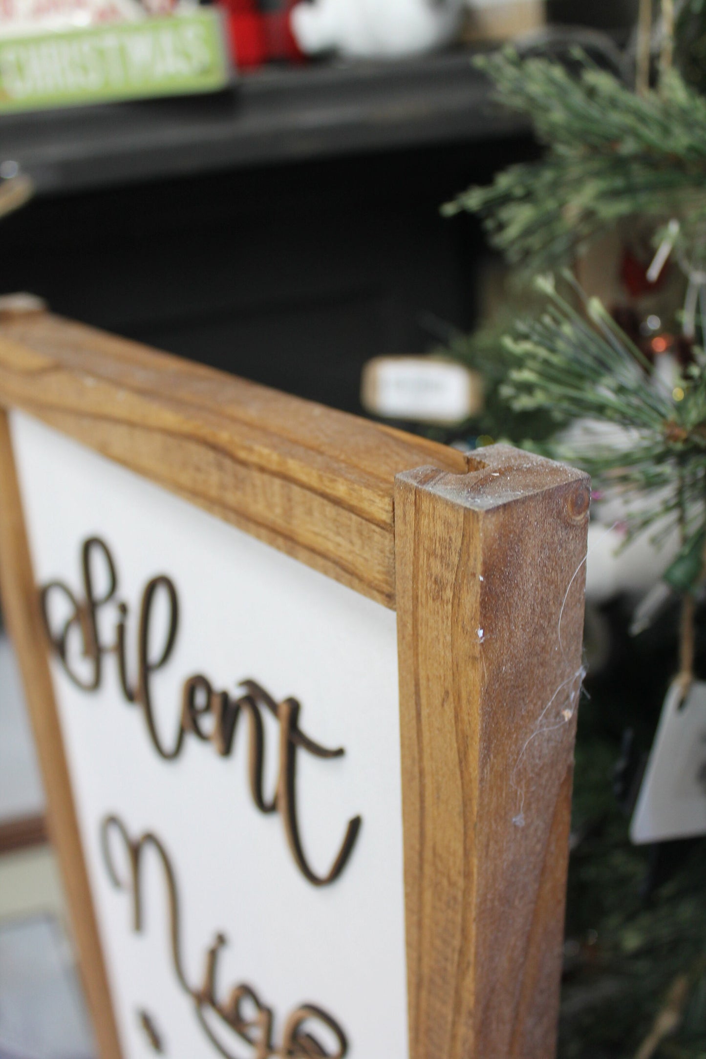 Silent Night Winter Pine Snowflakes Reindeer Porch Leaner Fireplace Living Dining Room Shabby Cottage Chic Farmhouse Rustic White Natural
