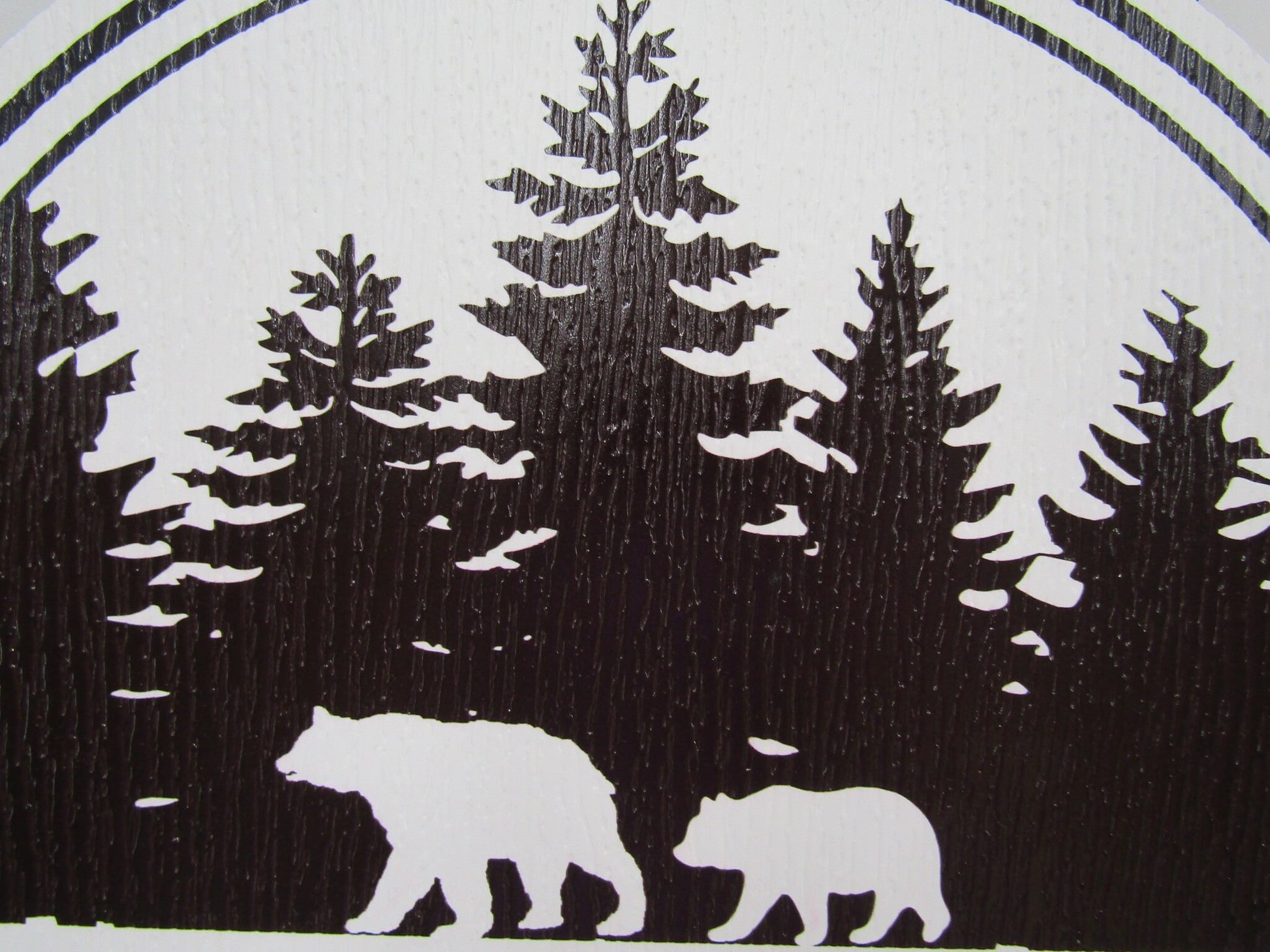 close up of  Bear's Paradise Mountain Getaway PVC sign with custom cabin pine trees wilderness bears textured PVC, weather fade resistant, waterproof UV printed color logo business commercial signage.