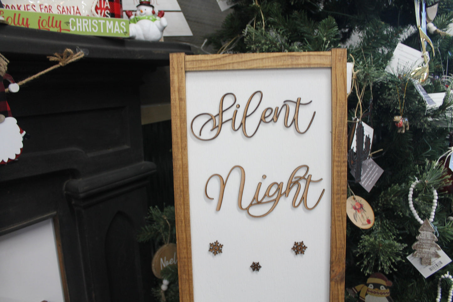 Silent Night Winter Pine Snowflakes Reindeer Porch Leaner Fireplace Living Dining Room Shabby Cottage Chic Farmhouse Rustic White Natural