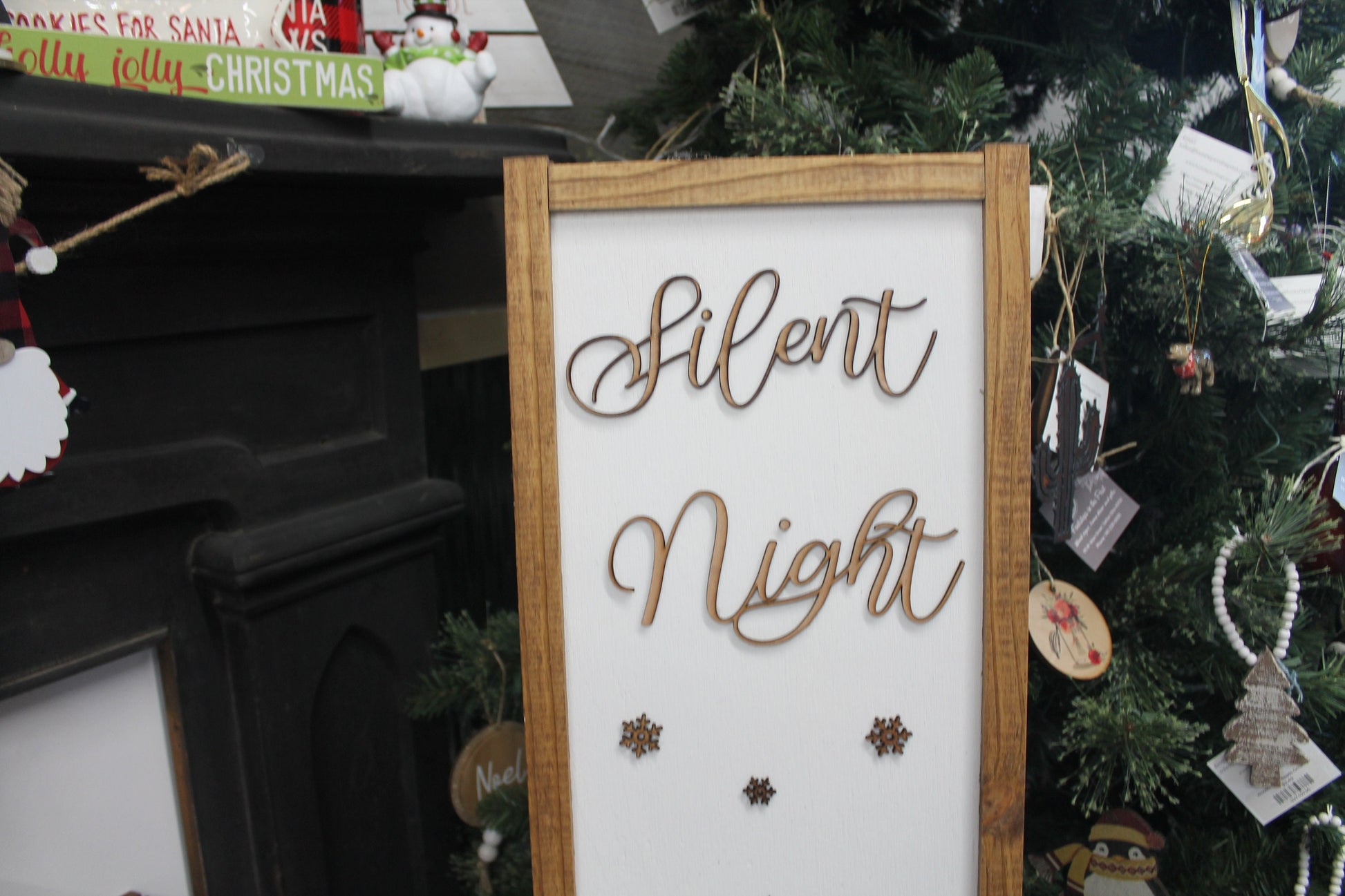 Silent Night Winter Pine Snowflakes Reindeer Porch Leaner Fireplace Living Dining Room Shabby Cottage Chic Farmhouse Rustic White Natural