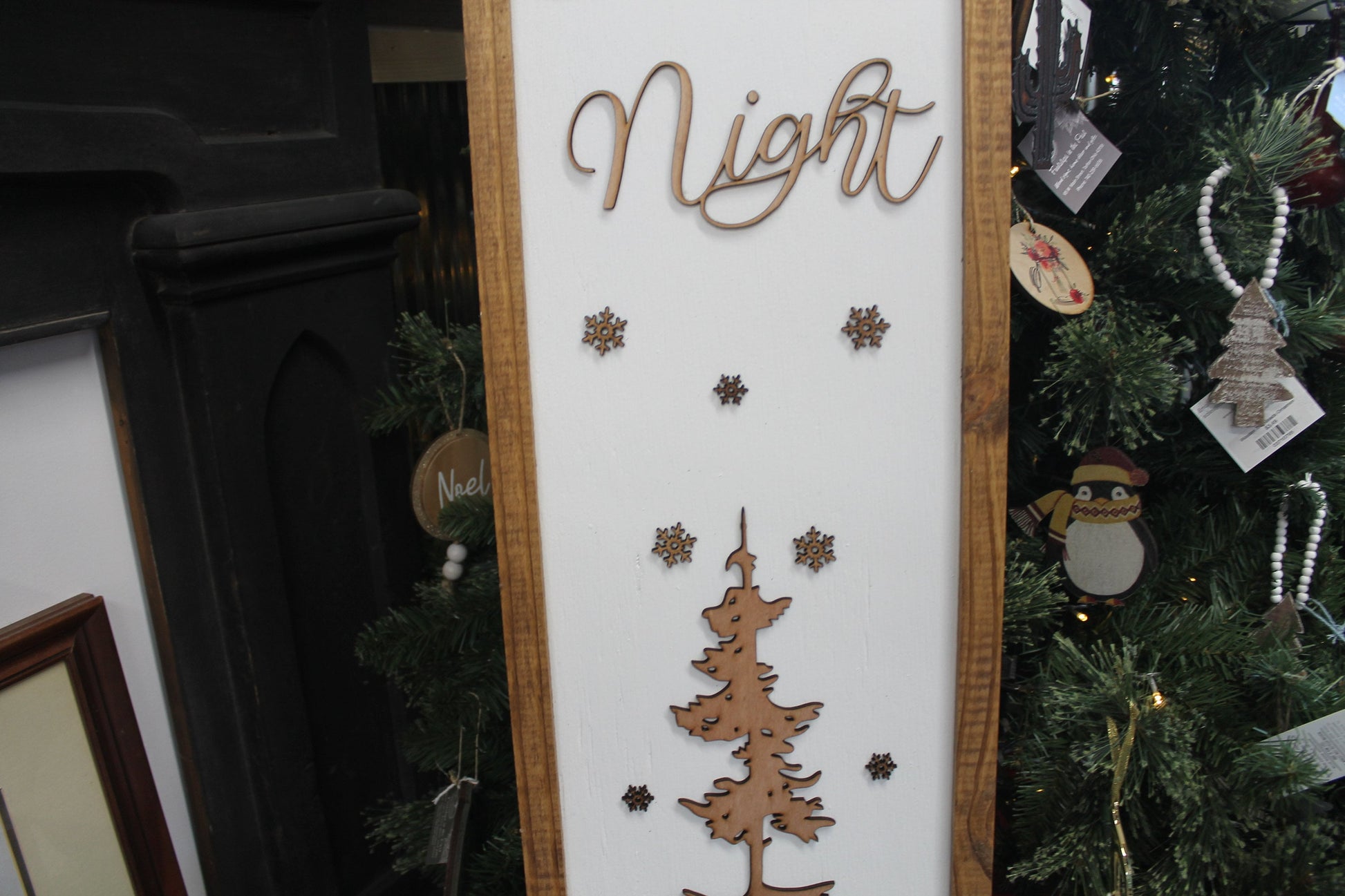 Silent Night Winter Pine Snowflakes Reindeer Porch Leaner Fireplace Living Dining Room Shabby Cottage Chic Farmhouse Rustic White Natural
