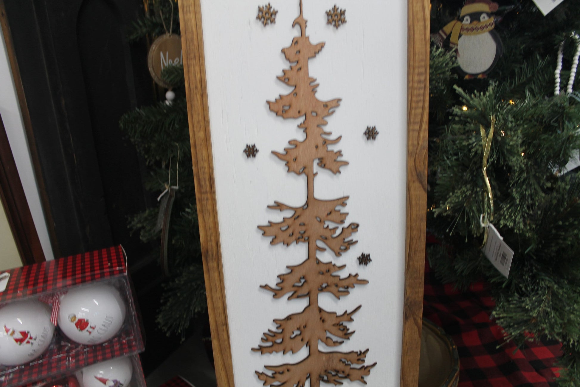 Silent Night Winter Pine Snowflakes Reindeer Porch Leaner Fireplace Living Dining Room Shabby Cottage Chic Farmhouse Rustic White Natural