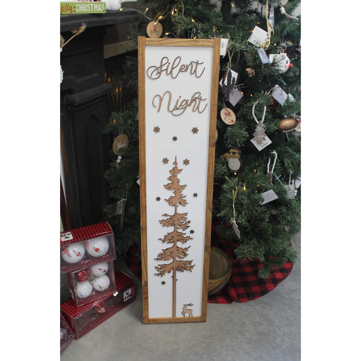 Silent Night Winter Pine Snowflakes Reindeer Porch Leaner Fireplace Living Dining Room Shabby Cottage Chic Farmhouse Rustic White Natural
