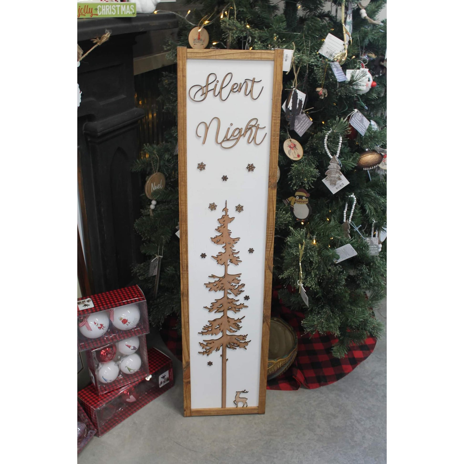 Silent Night Winter Pine Snowflakes Reindeer Porch Leaner Fireplace Living Dining Room Shabby Cottage Chic Farmhouse Rustic White Natural