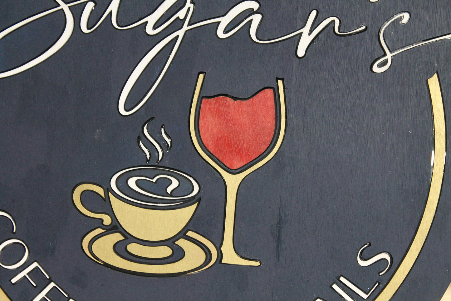 Coffee And Cocktails Light up LED Wooden Handmade Indoor Kitchen Coffee Shop Sign Custom Made Wine Glass Mug Round Remote Light Changing