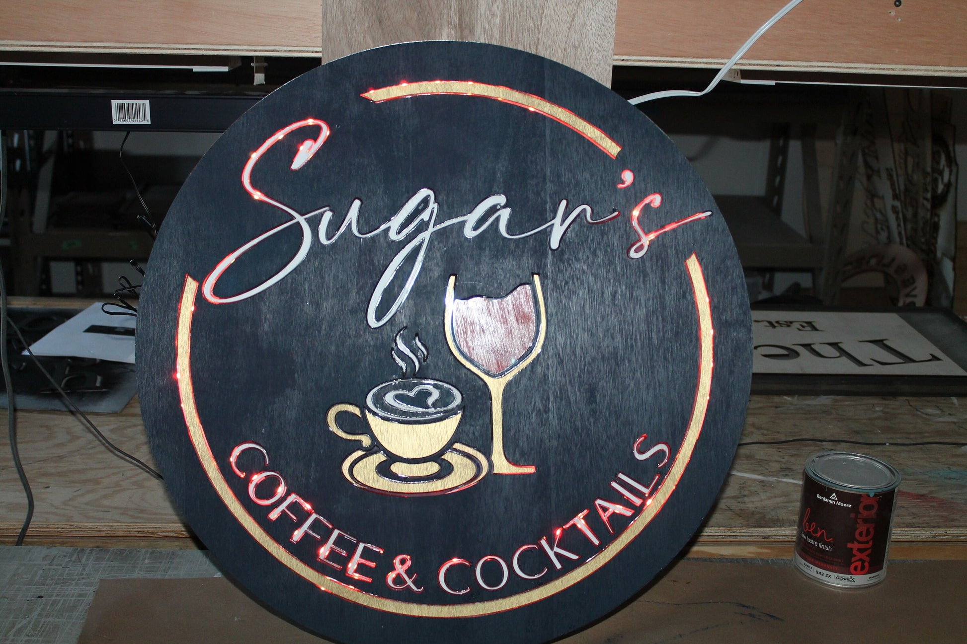 Coffee And Cocktails Light up LED Wooden Handmade Indoor Kitchen Coffee Shop Sign Custom Made Wine Glass Mug Round Remote Light Changing