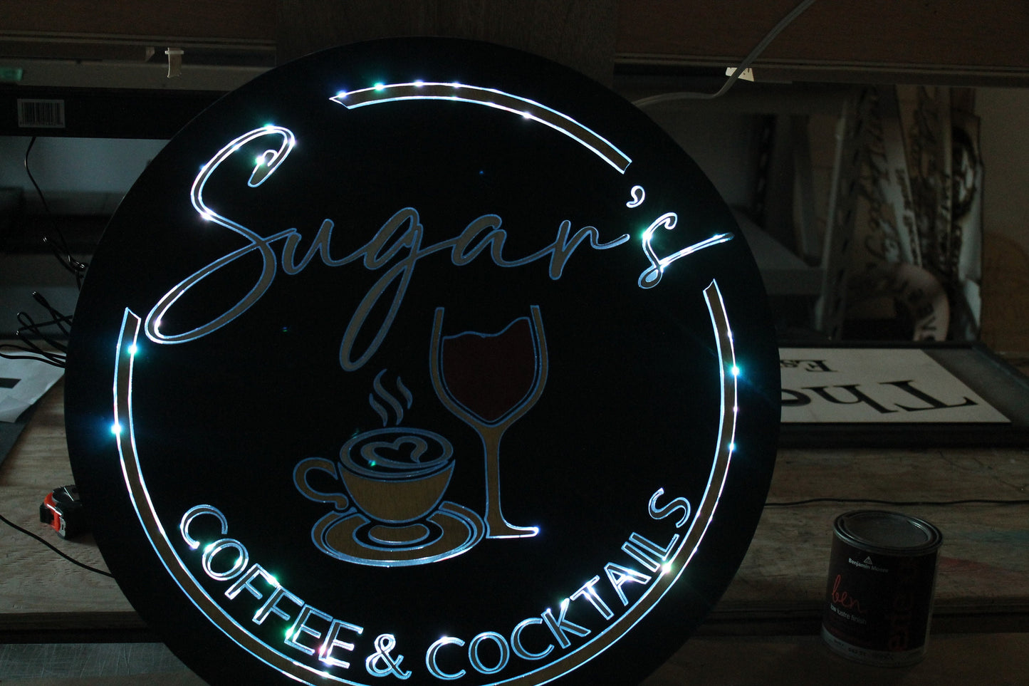 Coffee And Cocktails Light up LED Wooden Handmade Indoor Kitchen Coffee Shop Sign Custom Made Wine Glass Mug Round Remote Light Changing