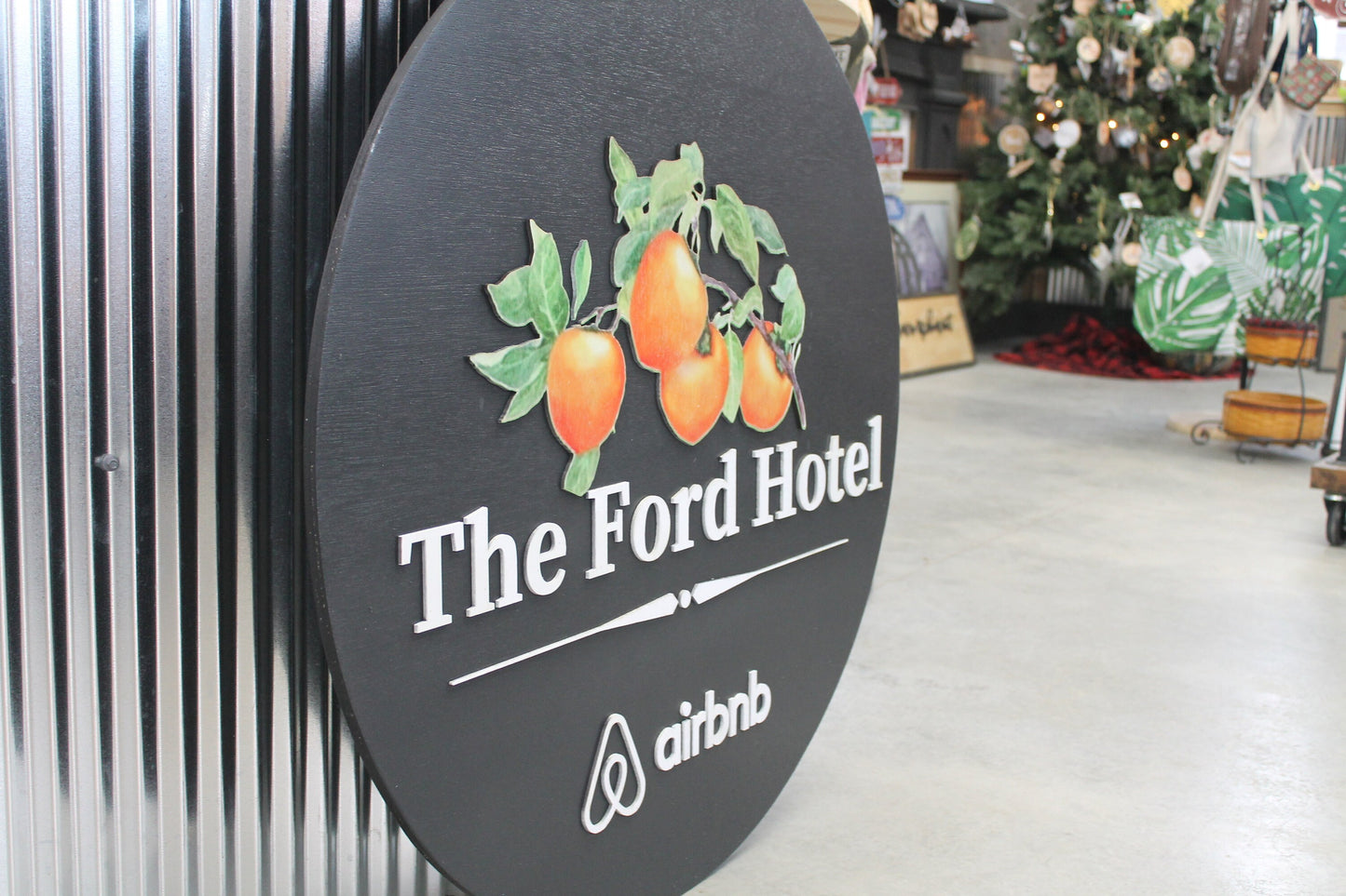 Hotel Peaches Oranges Hotel Sign Air BNB Sign Staycation Small Business Round Handmade Custom Sign 3D Color Raised Lettering Image