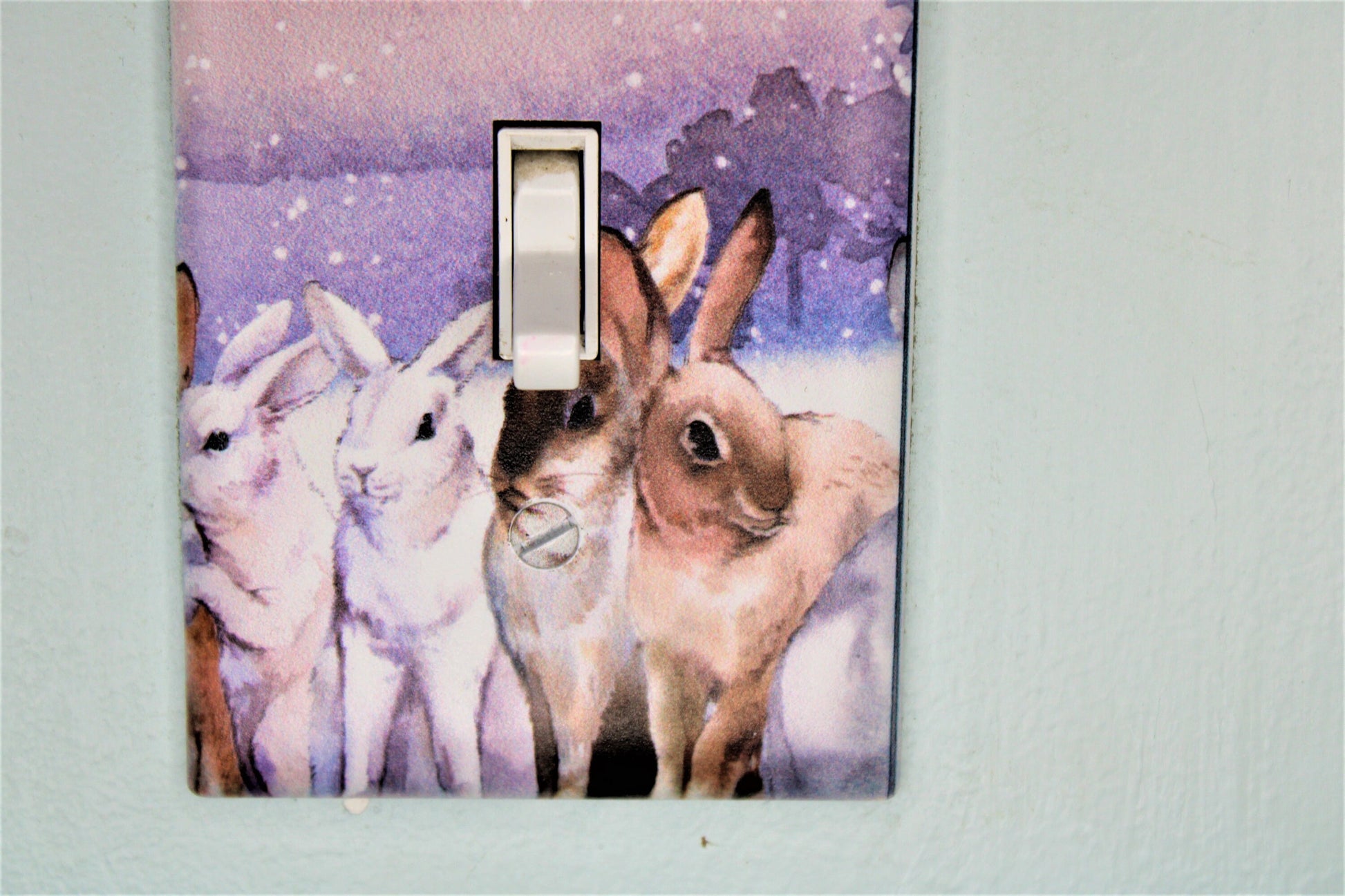 rabbit hare bunny winter snow durable custom printed painted light switch cover plate in color living room unique nursery bedroom