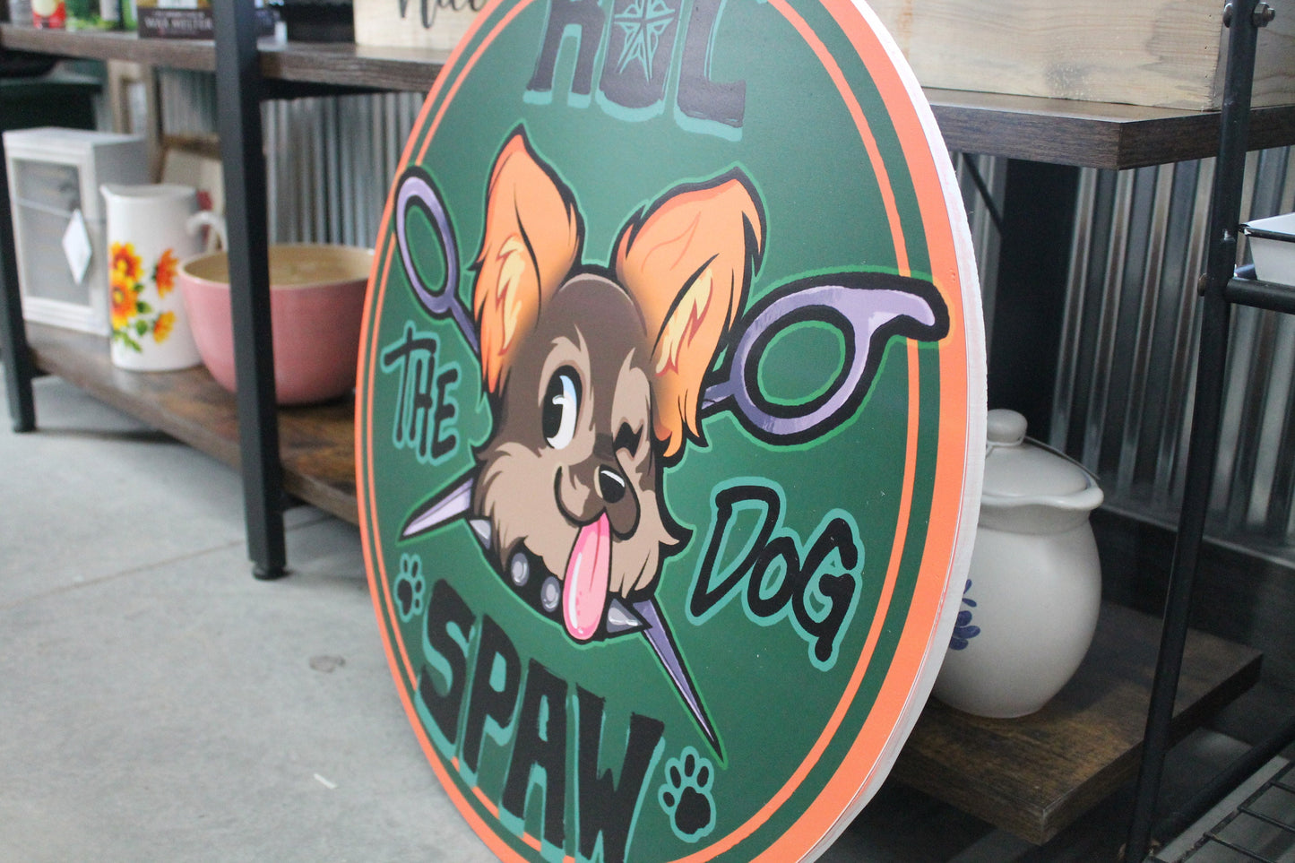 Dog Spa Business Sign Custom Printed Your Logo Puppy Paw Groomer Winking Cartoon Full Color Light Weight Door Hanger Store Front Signage