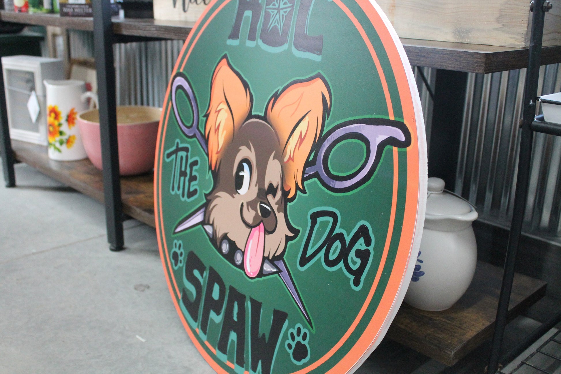 Dog Spa Business Sign Custom Printed Your Logo Puppy Paw Groomer Winking Cartoon Full Color Light Weight Door Hanger Store Front Signage