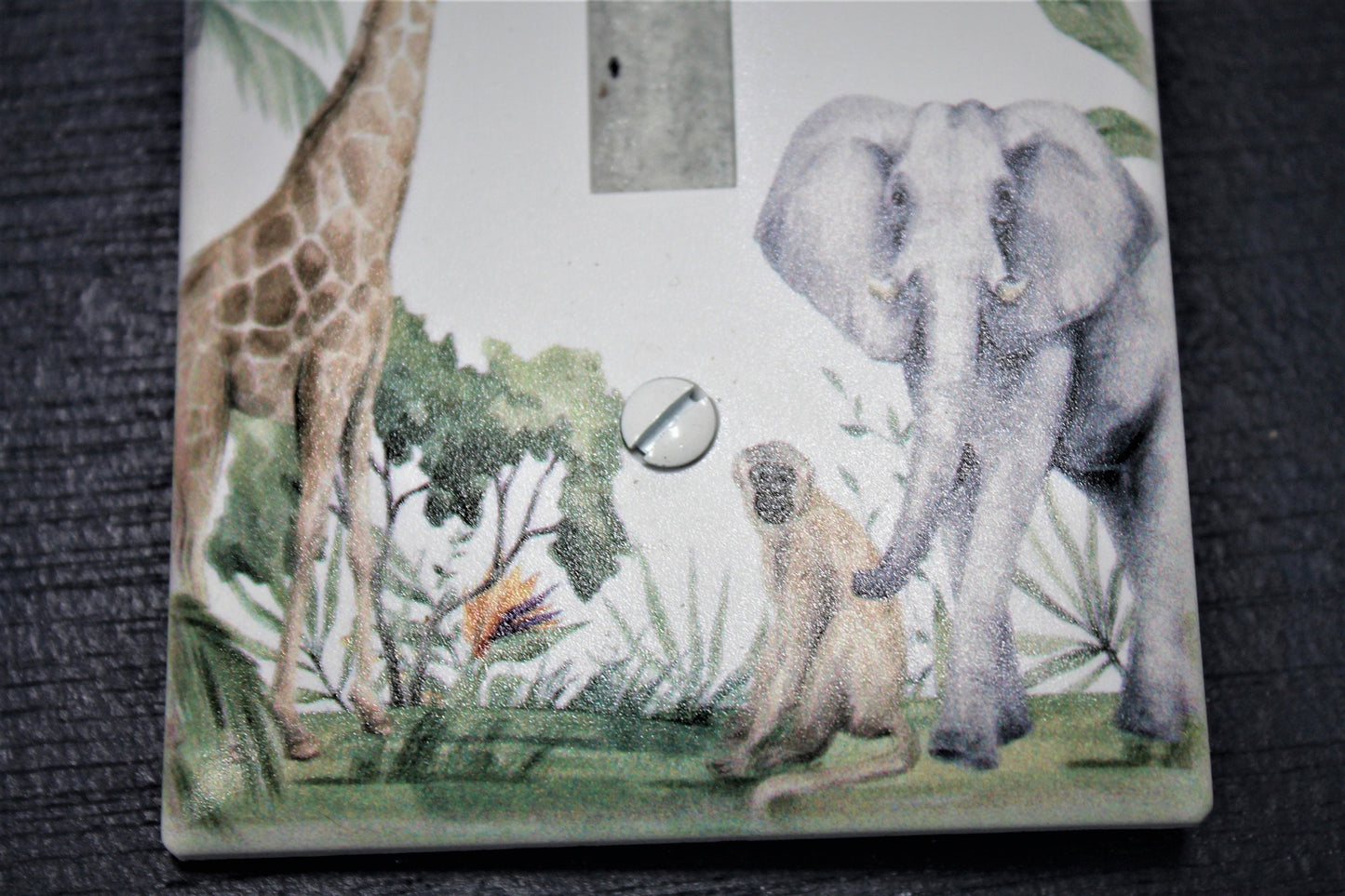 jungle elephant giraffe monkey wild decor nursery tree light switch plate cover printed durable green decor unique custom piece