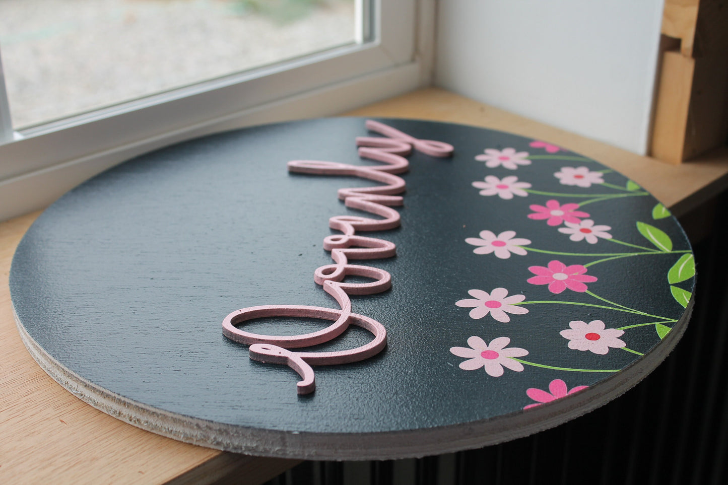 Custom Sign Round Nursery Little Girls Minimalist Made to Order Floral Circle Wooden Handmade Printed and Raised Name Pink Garden Spring
