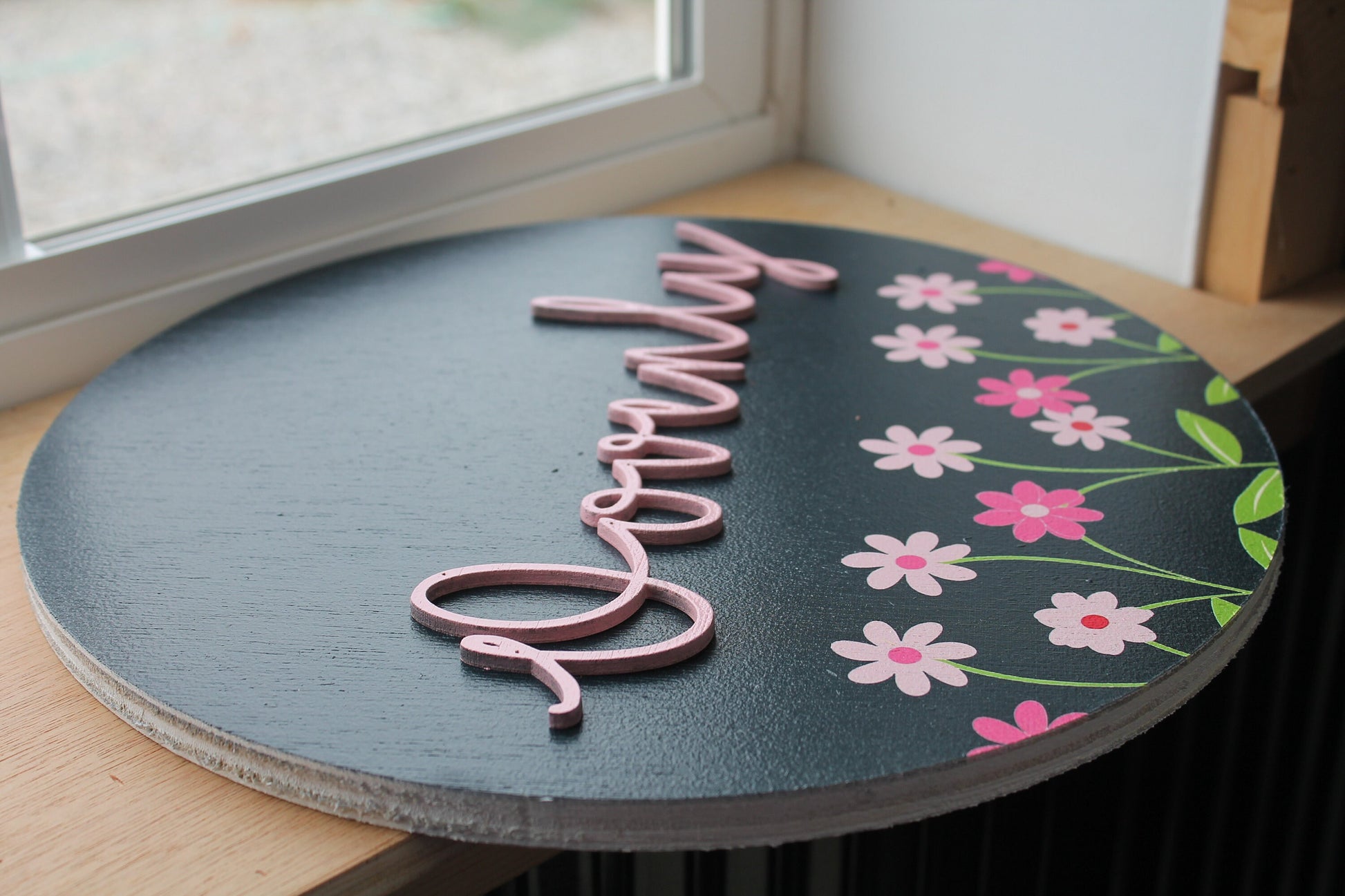Custom Sign Round Nursery Little Girls Minimalist Made to Order Floral Circle Wooden Handmade Printed and Raised Name Pink Garden Spring