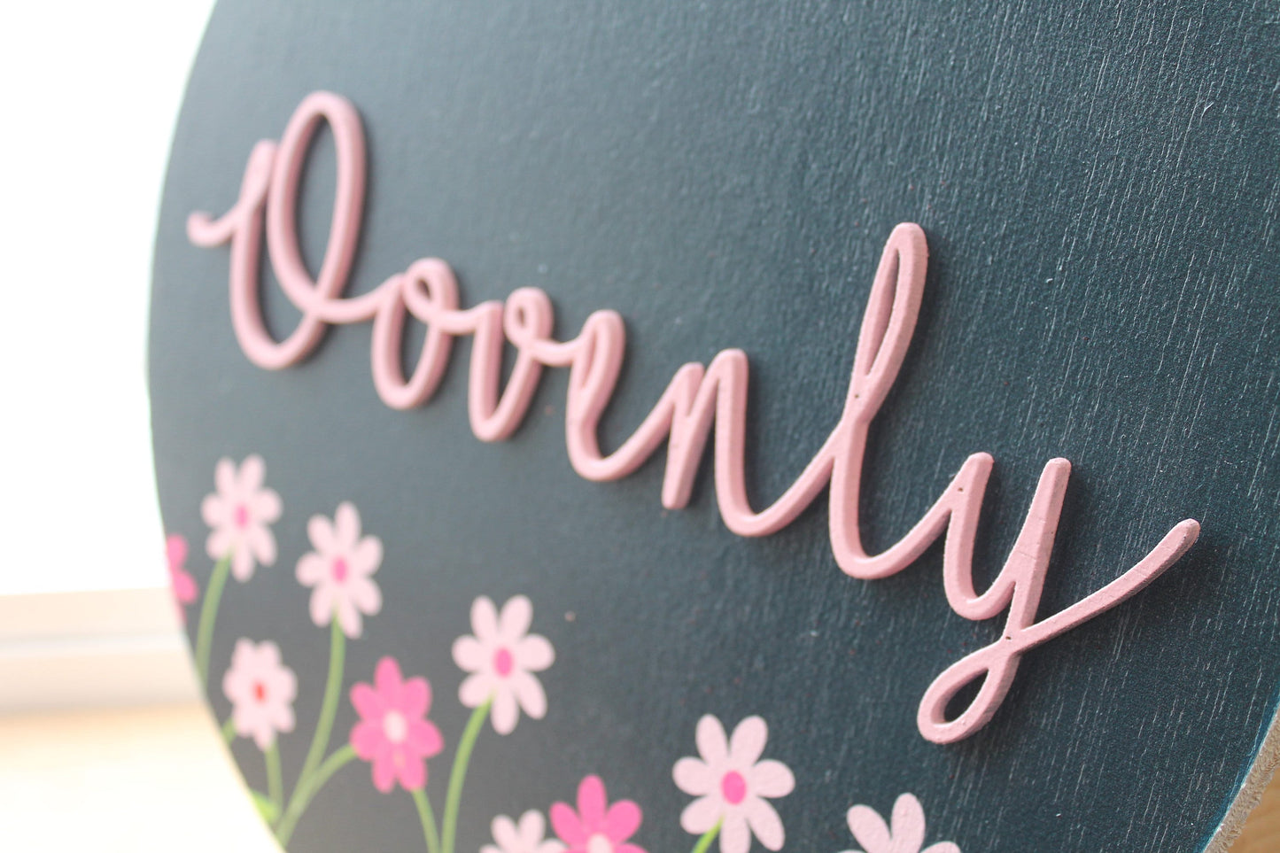 Custom Sign Round Nursery Little Girls Minimalist Made to Order Floral Circle Wooden Handmade Printed and Raised Name Pink Garden Spring