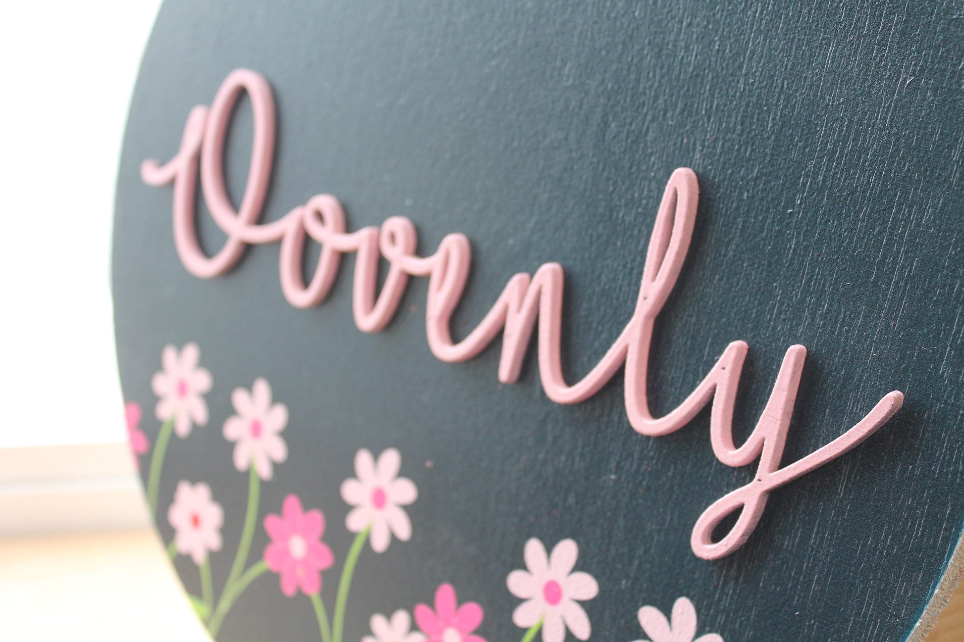 Custom Sign Round Nursery Little Girls Minimalist Made to Order Floral Circle Wooden Handmade Printed and Raised Name Pink Garden Spring