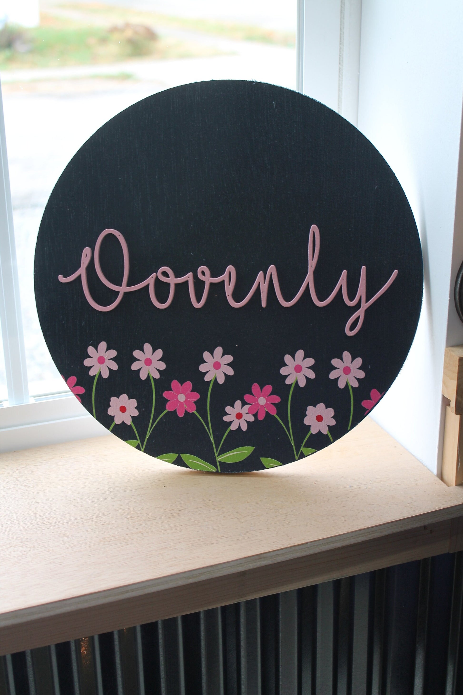 Custom Sign Round Nursery Little Girls Minimalist Made to Order Floral Circle Wooden Handmade Printed and Raised Name Pink Garden Spring