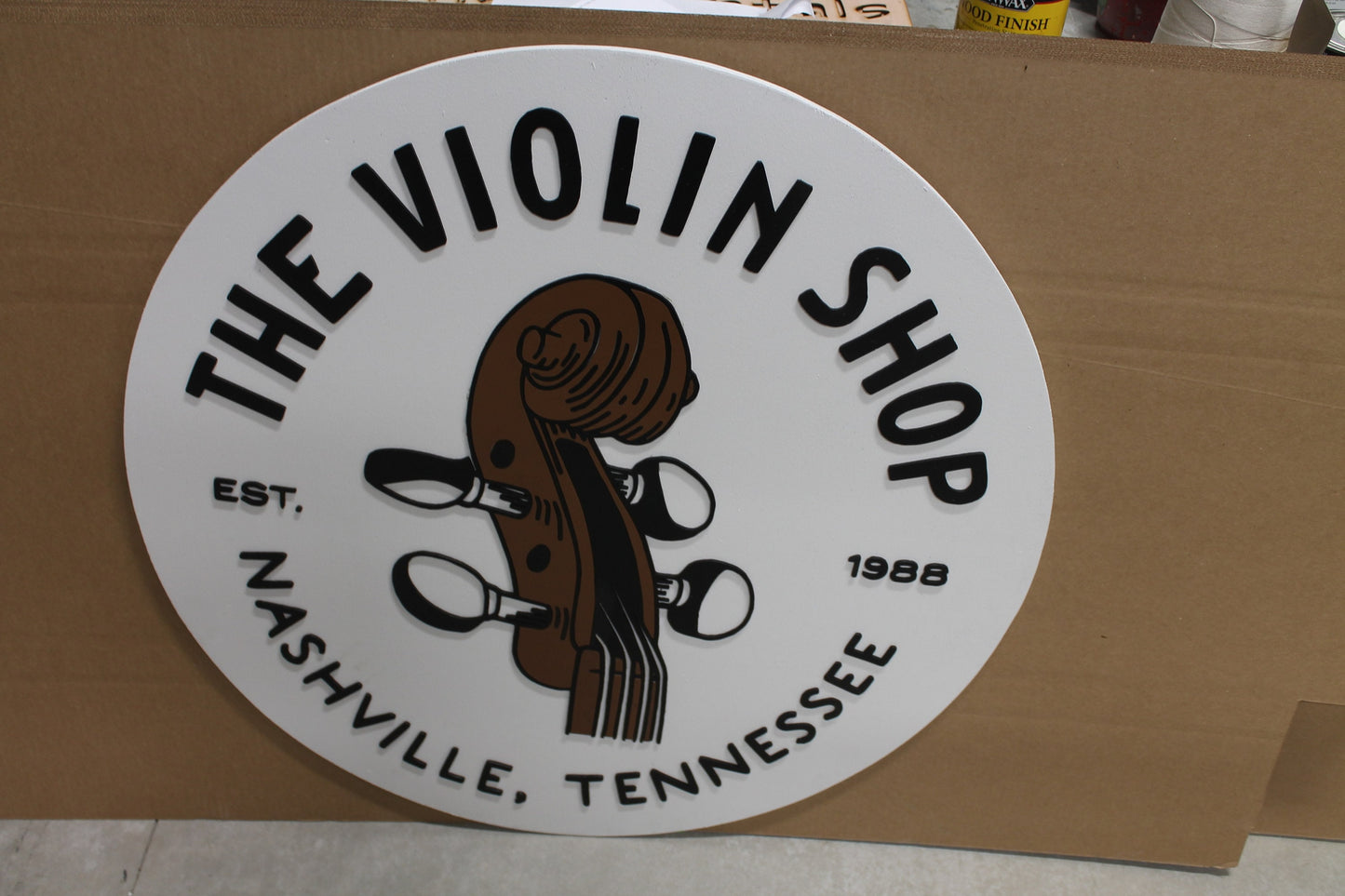 Violin Music Musician Store Business Commerical Signage Strings Orchestra Custom Logo Raised Sign 3D Wooden Handmade Round Sign Store Front